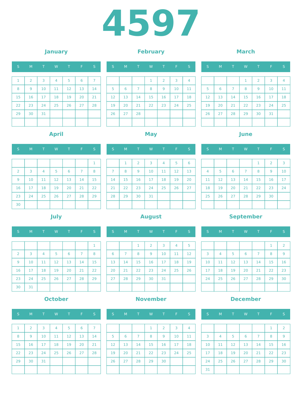 Printable 4597 Year Calendars verdigris