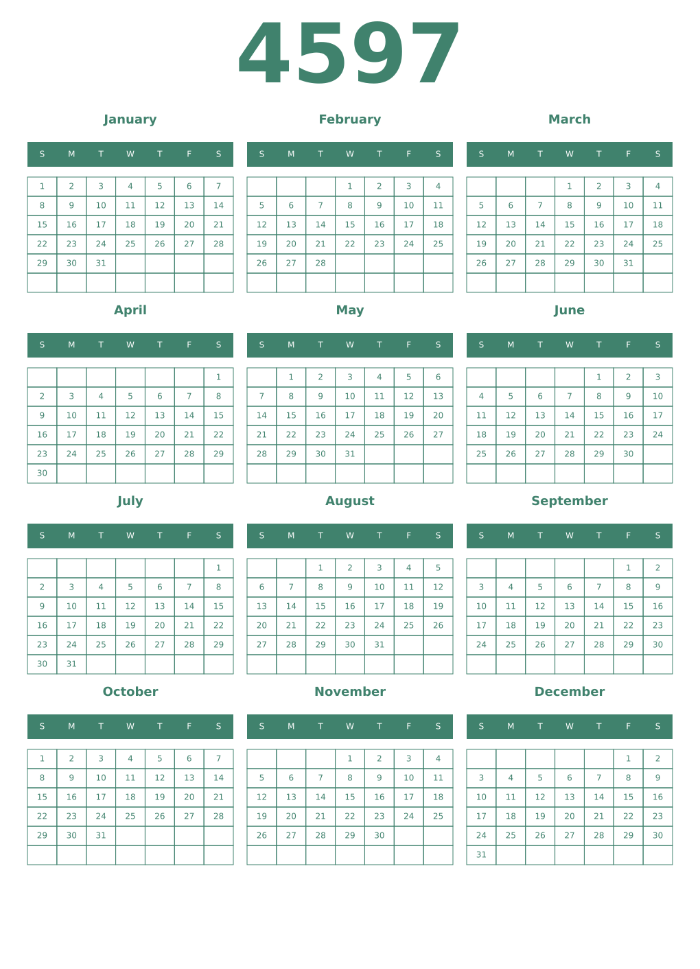 Printable 4597 Year Calendars viridian