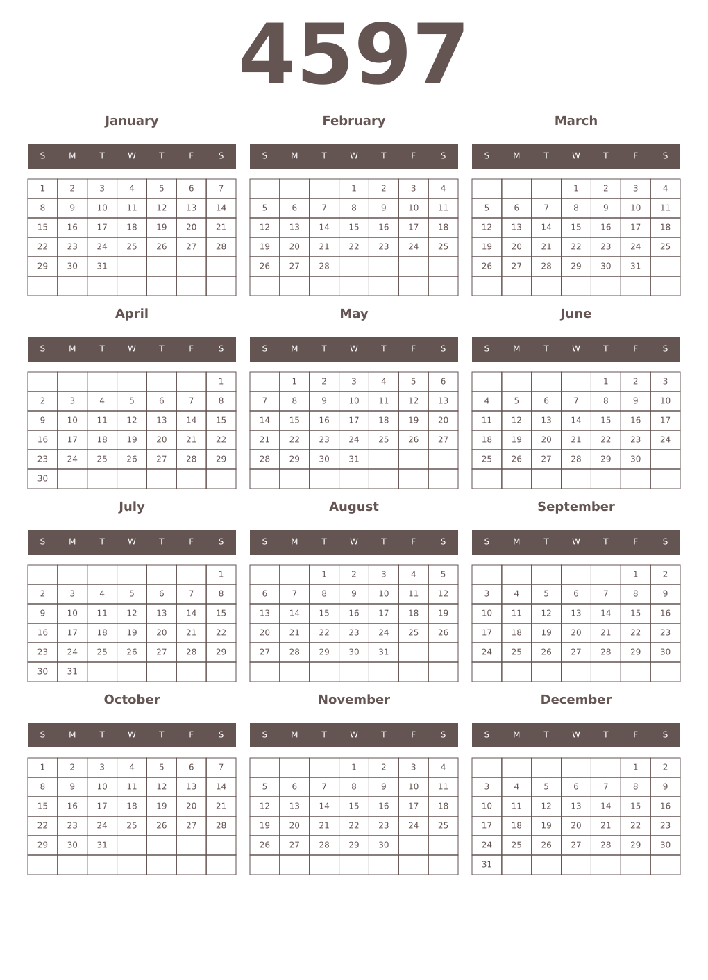 Printable 4597 Year Calendars wenge