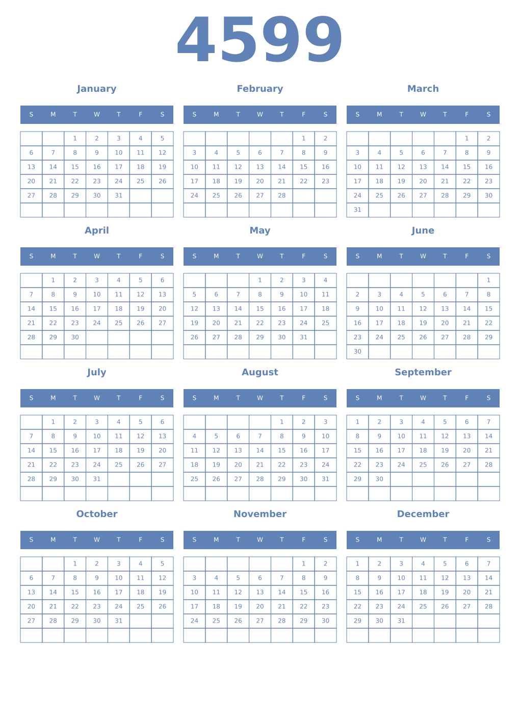 Printable 4599 Year Calendars glaucous
