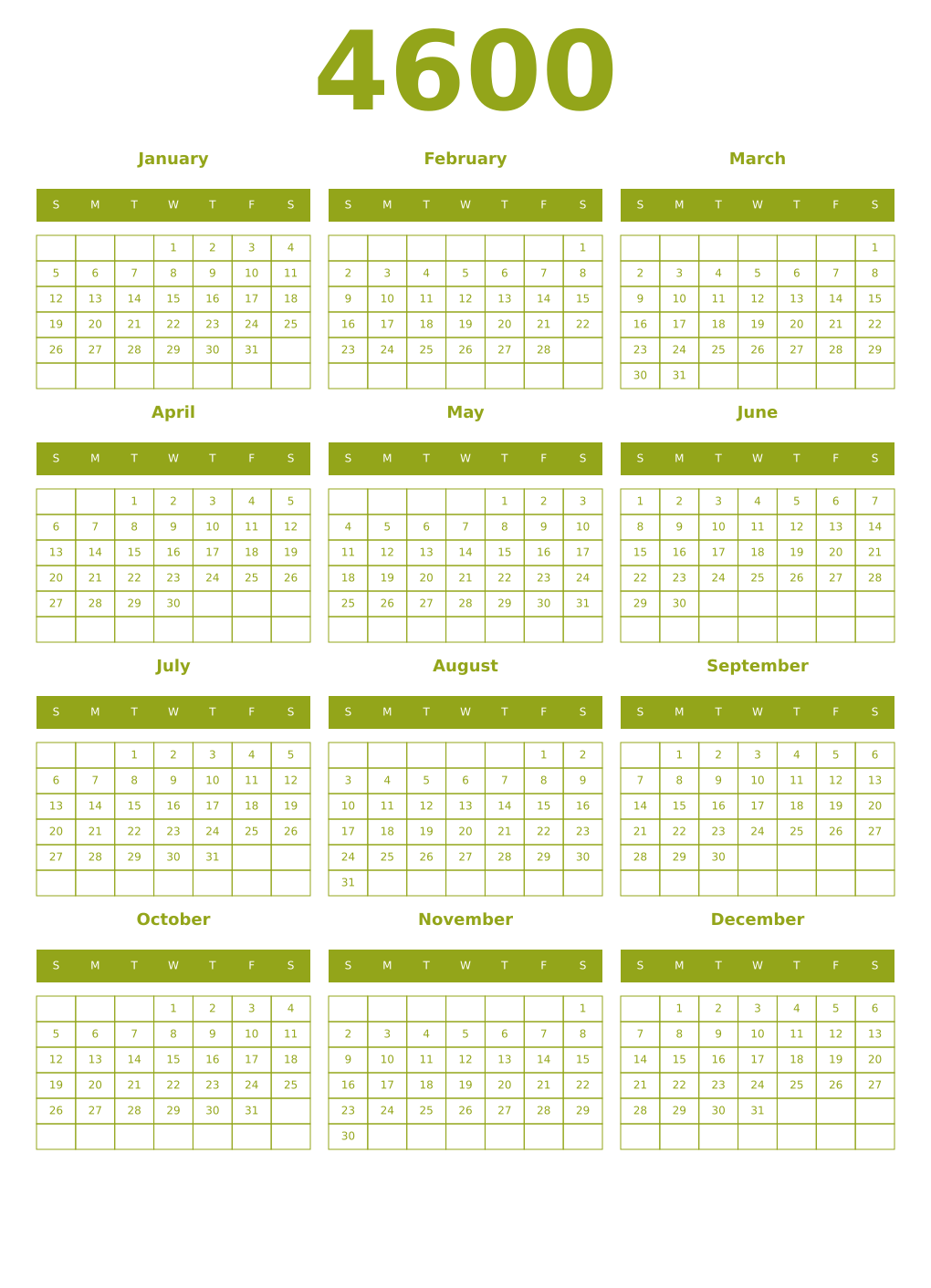Printable 4600 Year Calendars chartreuse
