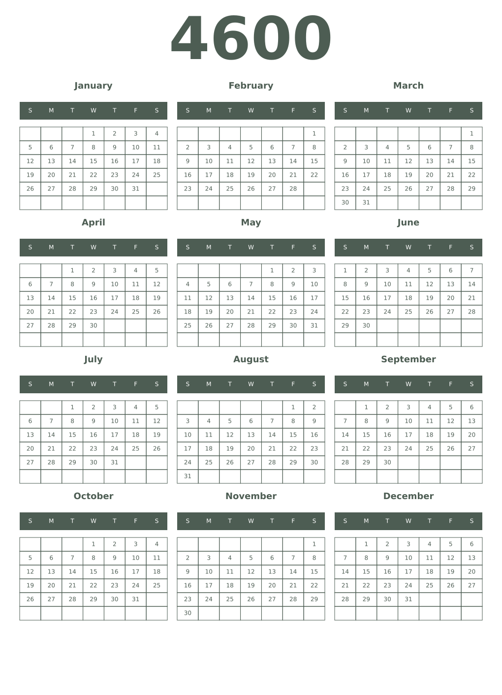 Printable 4600 Year Calendars feldgrau
