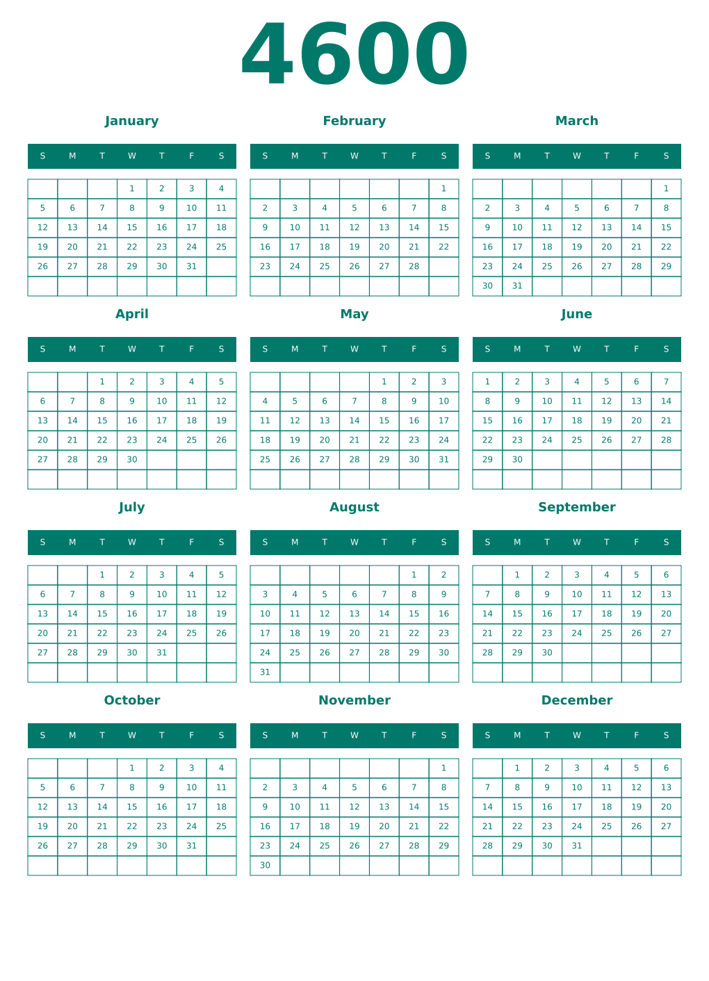 Printable 4600 Year Calendars pastel