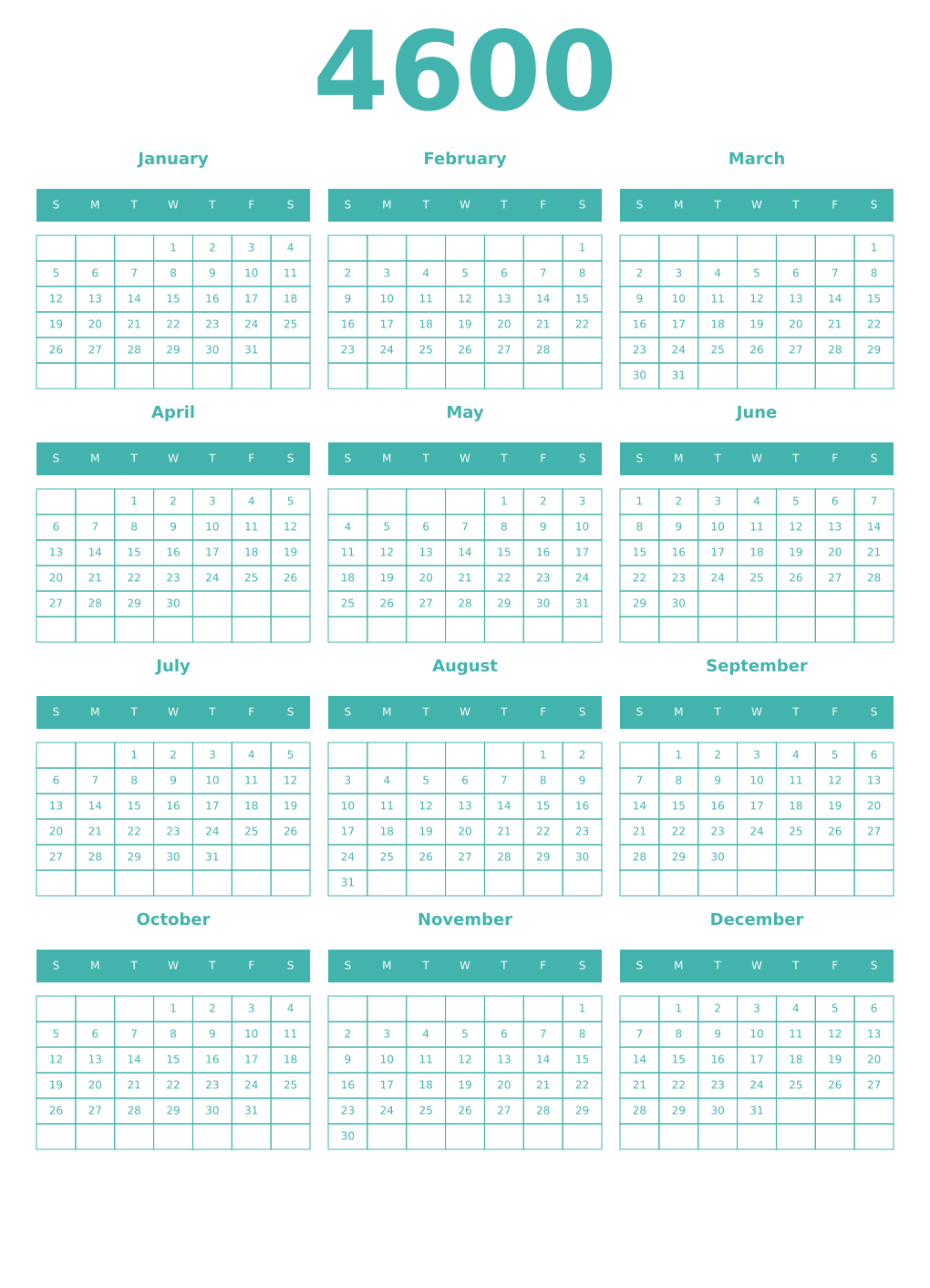 Printable 4600 Year Calendars verdigris