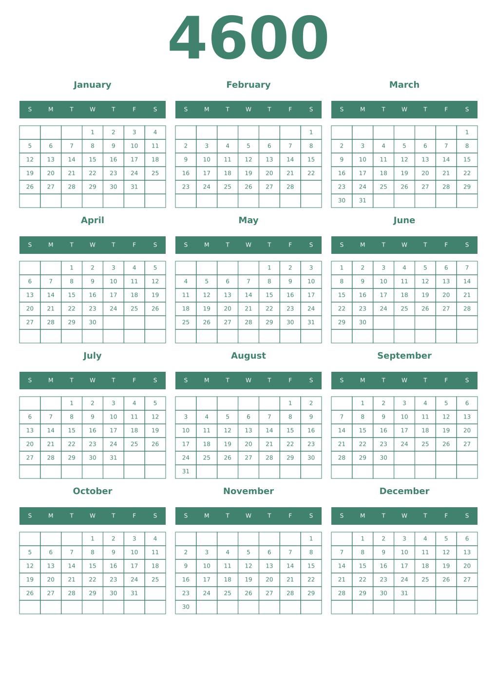 Printable 4600 Year Calendars viridian
