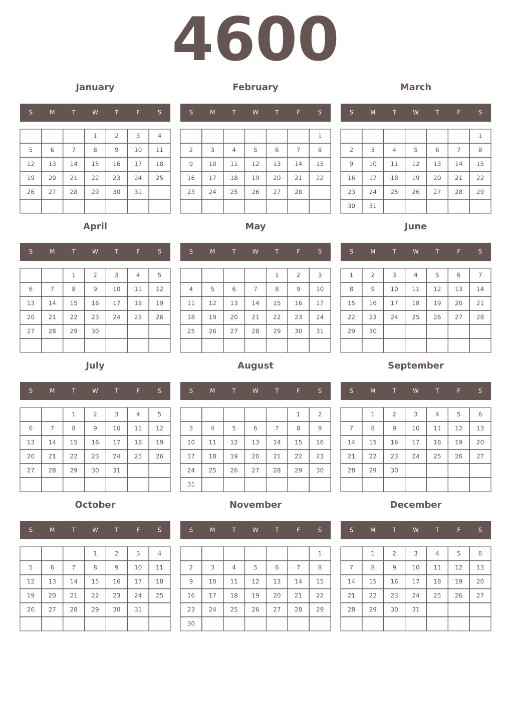 Printable 4600 Year Calendars wenge