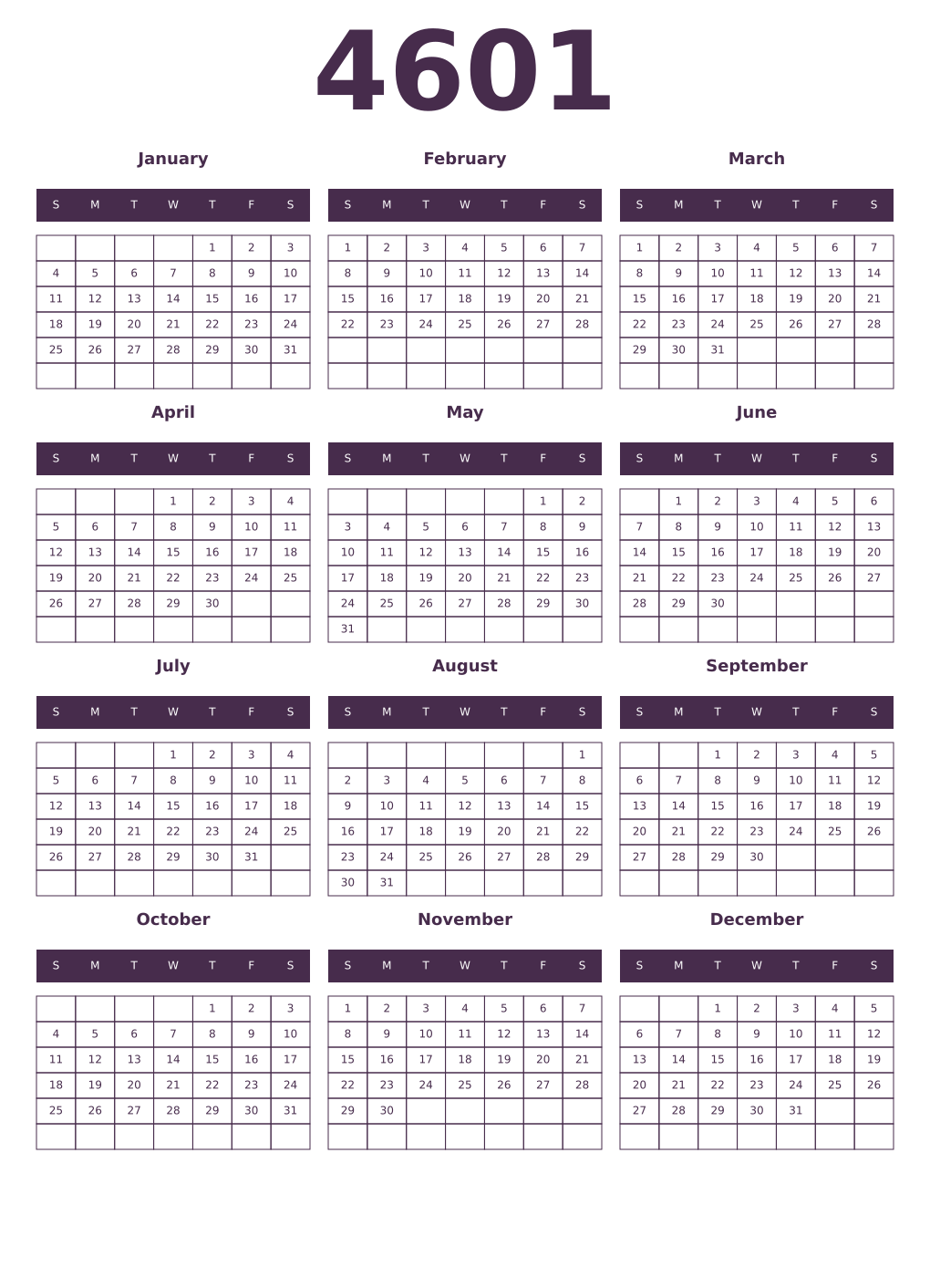 Printable 4601 Year Calendars aubergine
