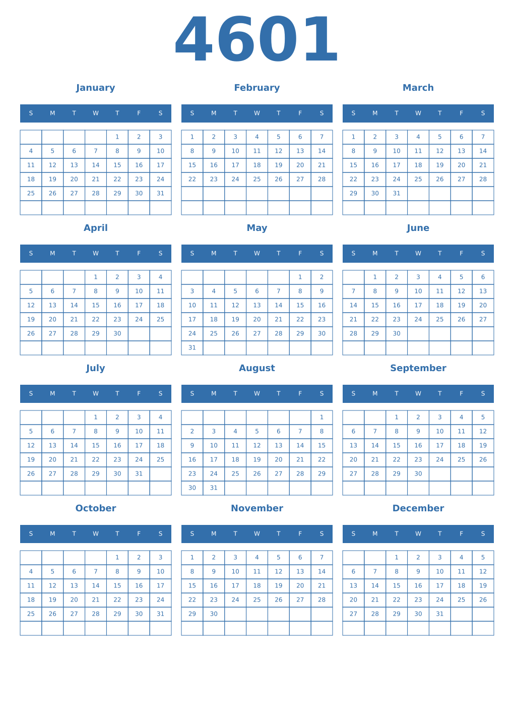 Printable 4601 Year Calendars blue