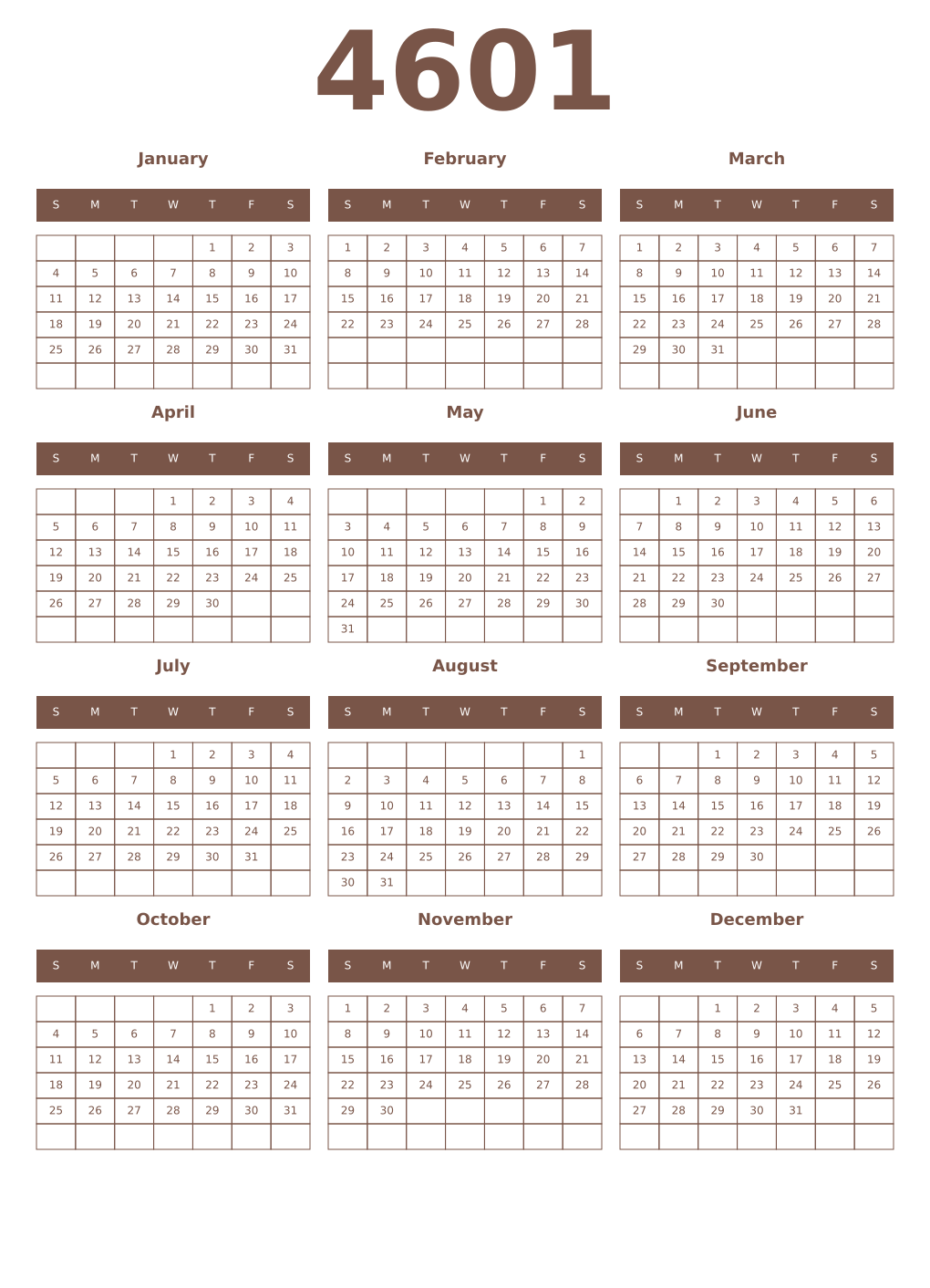 Printable 4601 Year Calendars coffe
