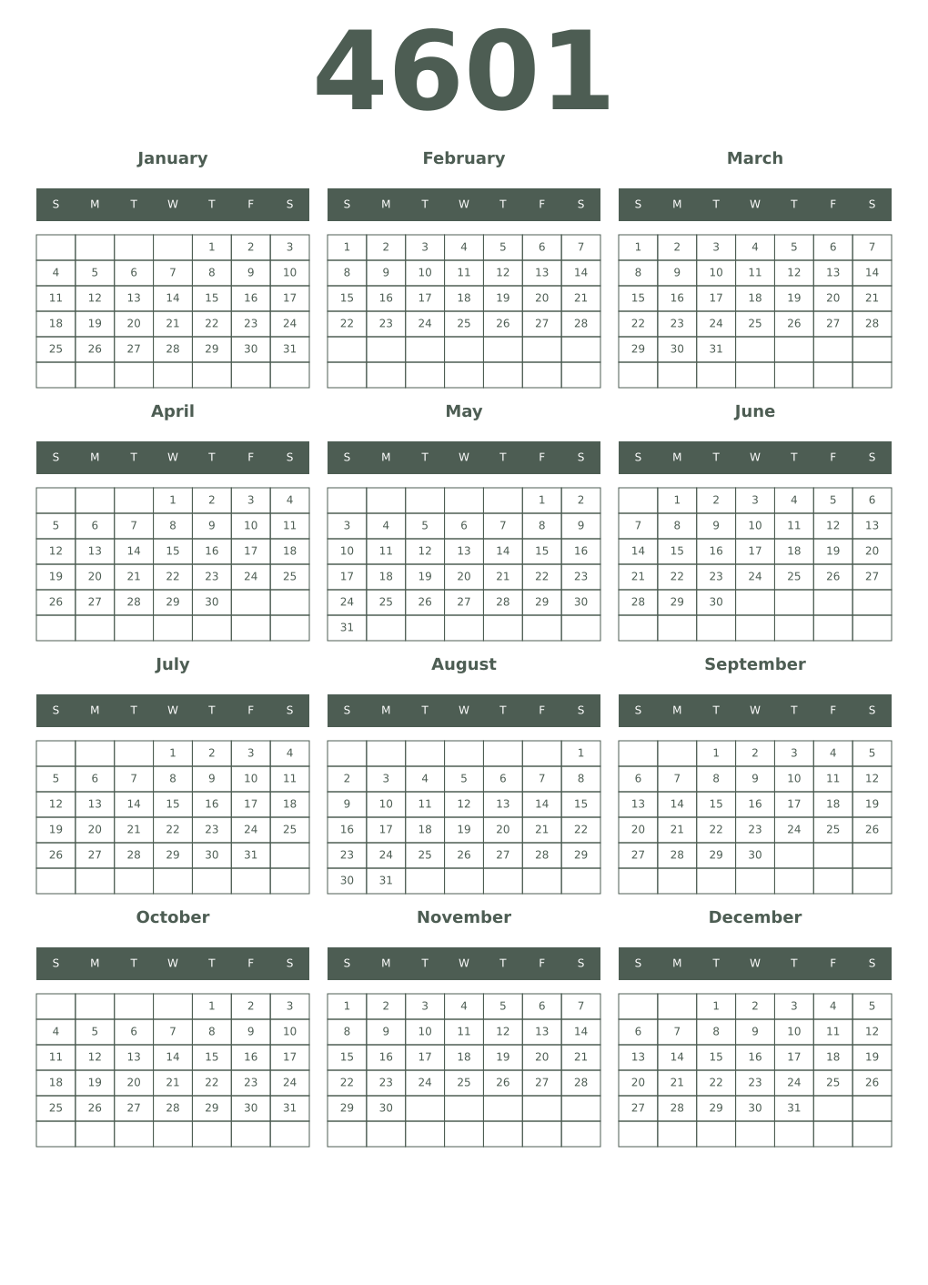 Printable 4601 Year Calendars feldgrau