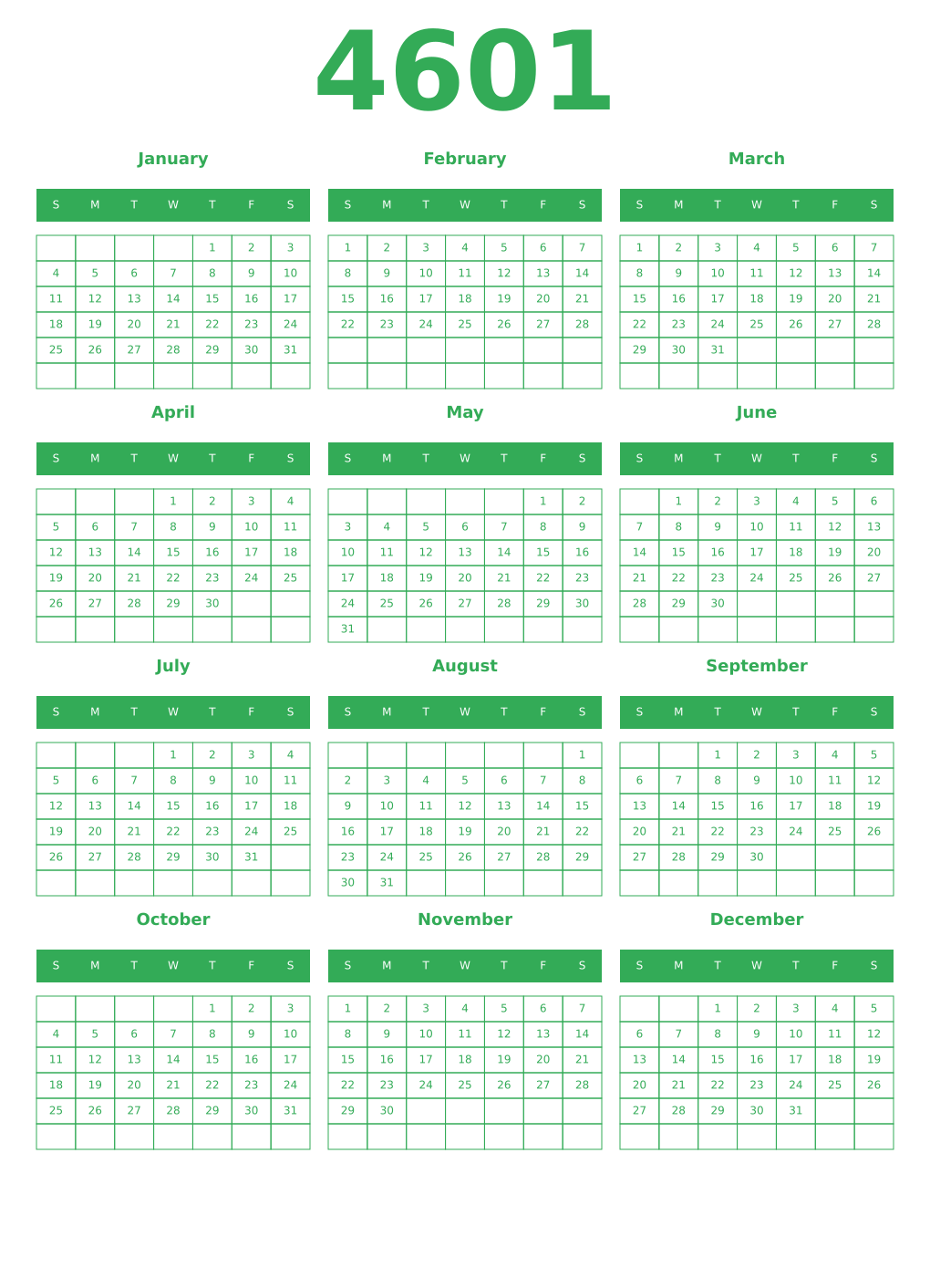 Printable 4601 Year Calendars green