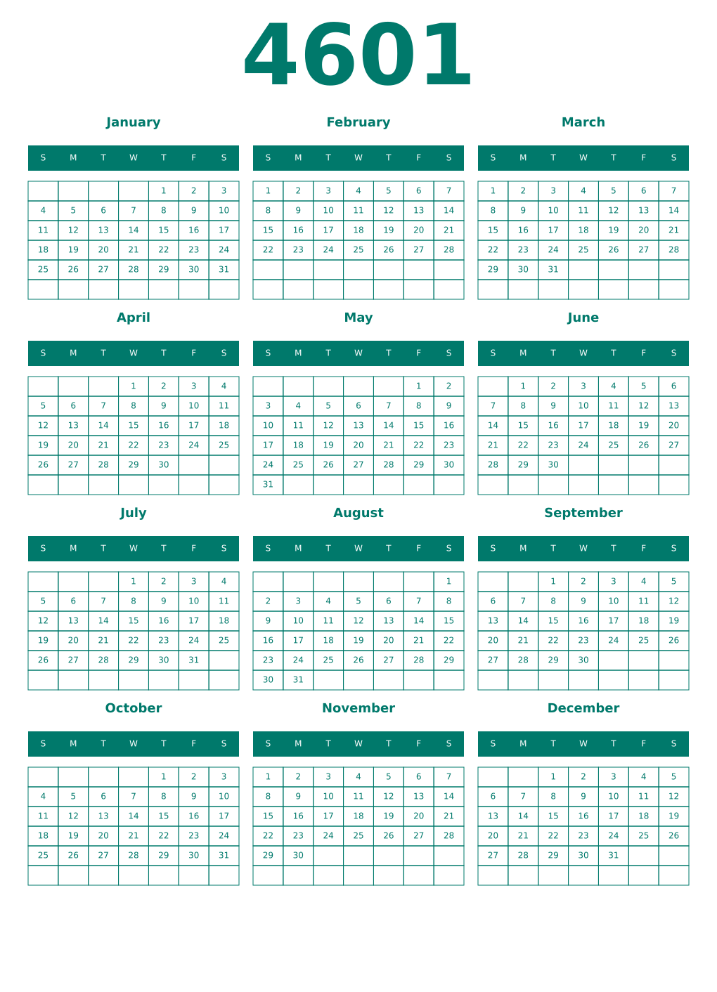 Printable 4601 Year Calendars pastel