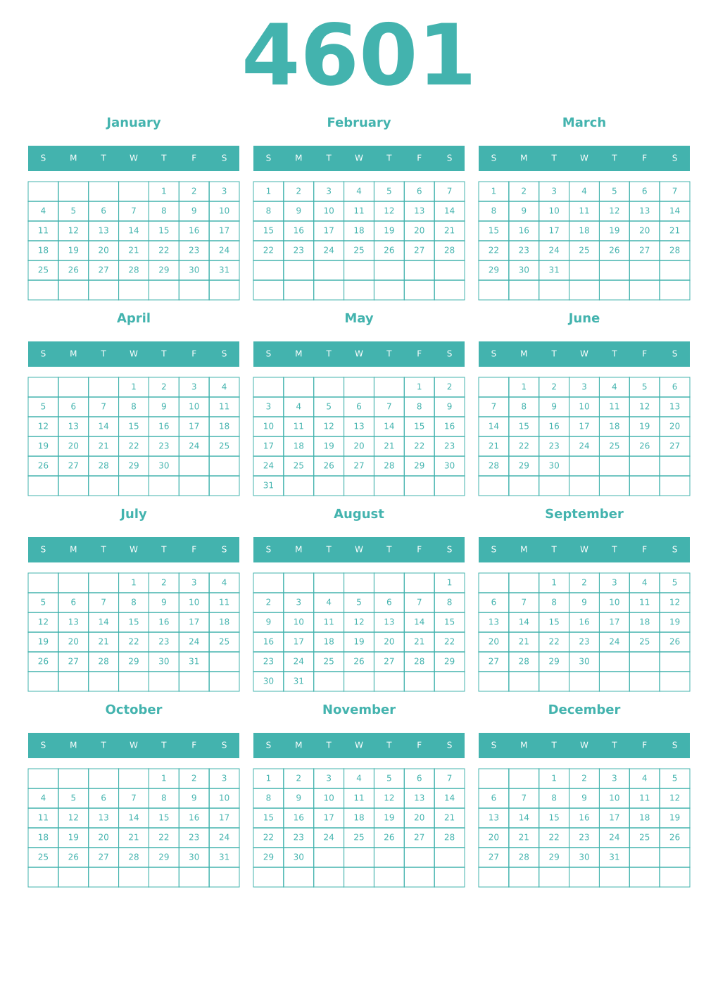 Printable 4601 Year Calendars verdigris
