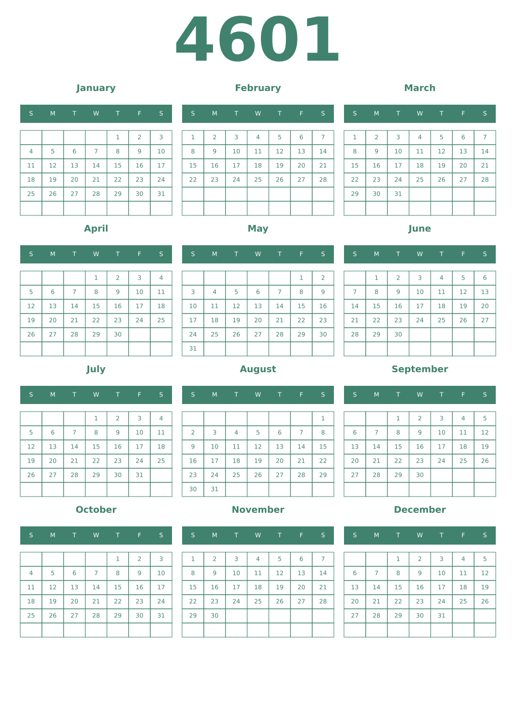 Printable 4601 Year Calendars viridian