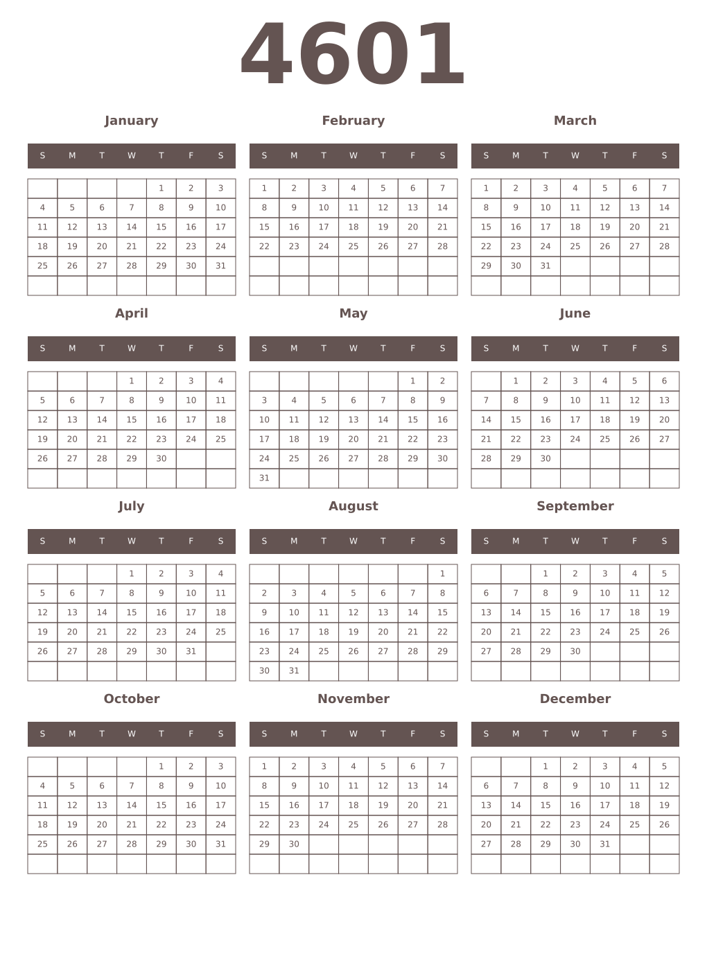 Printable 4601 Year Calendars wenge