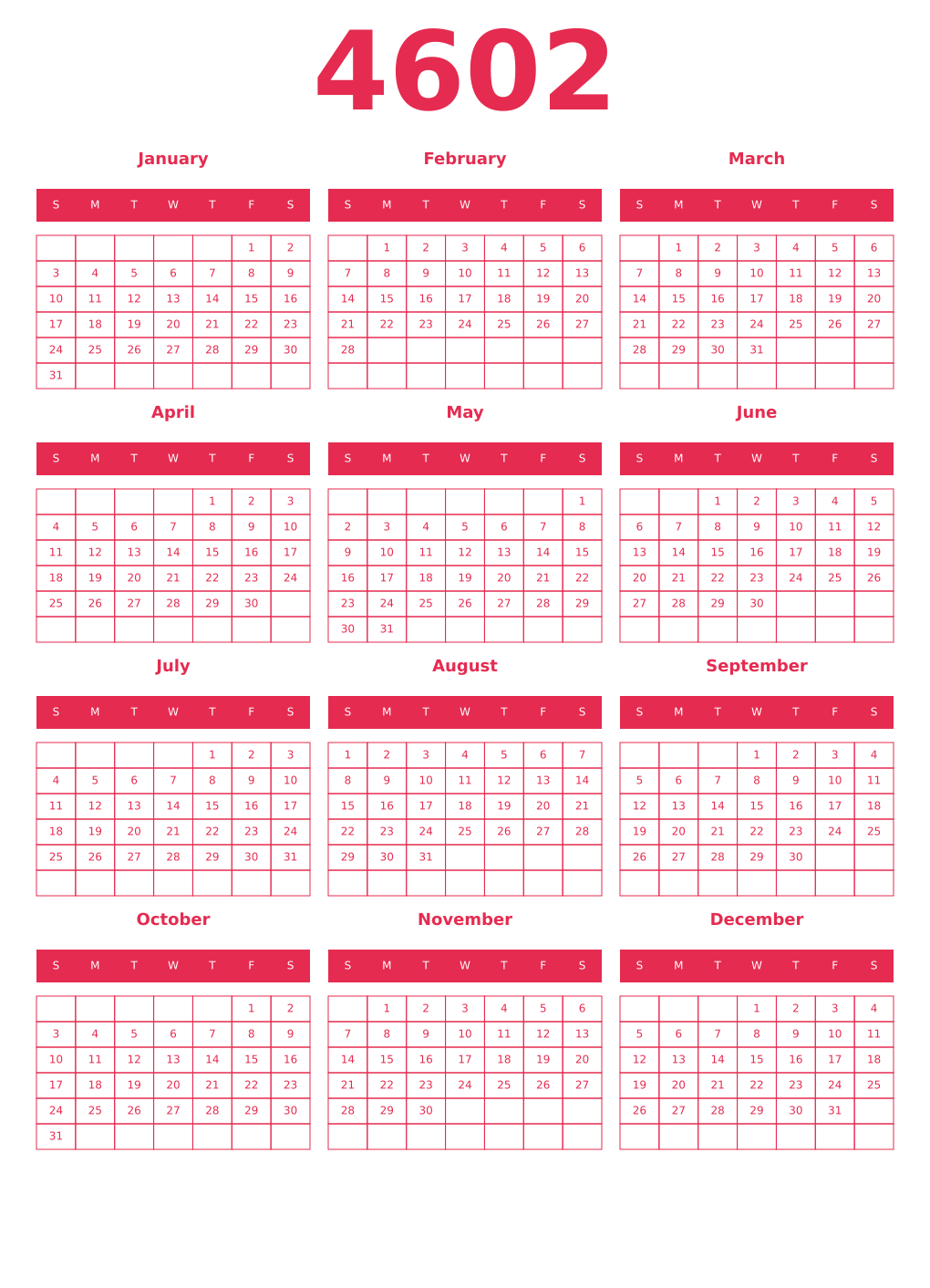 Printable 4602 Year Calendars amaranth