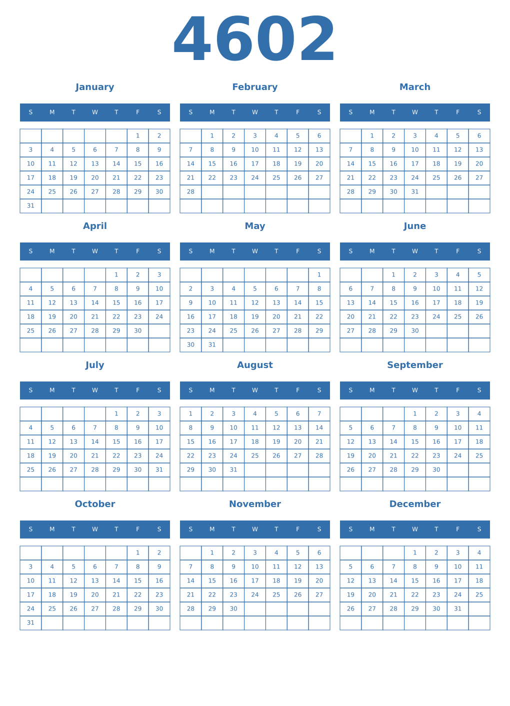 Printable 4602 Year Calendars blue