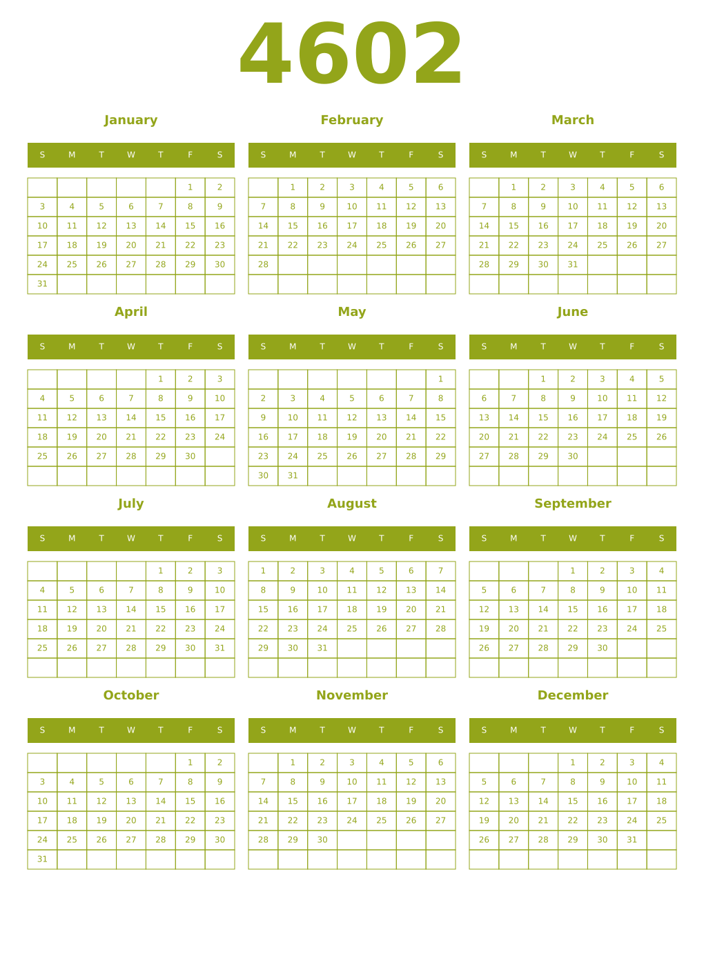 Printable 4602 Year Calendars chartreuse