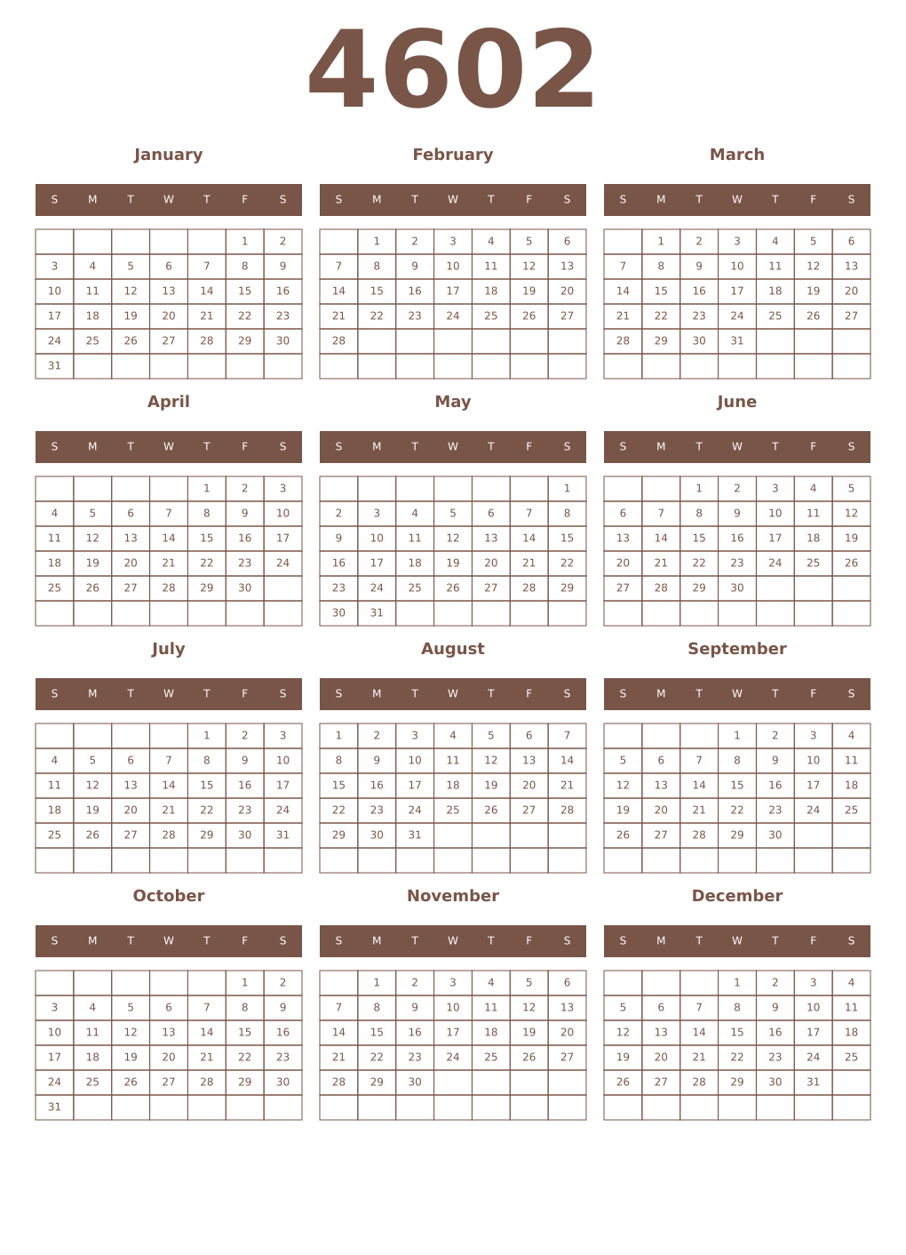 Printable 4602 Year Calendars coffe