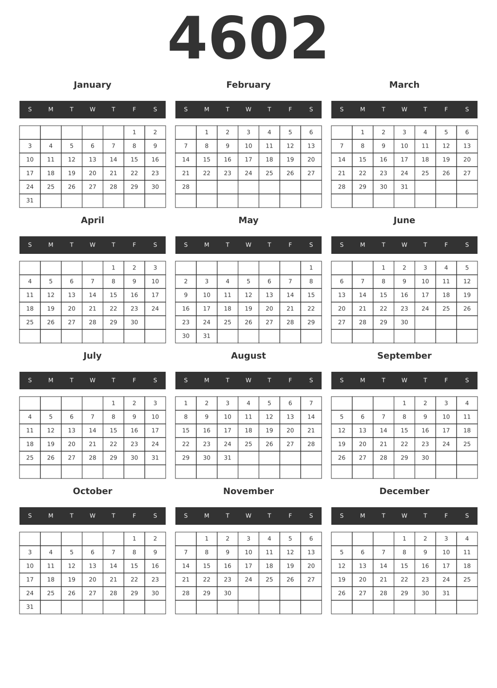 Printable 4602 Year Calendars dark