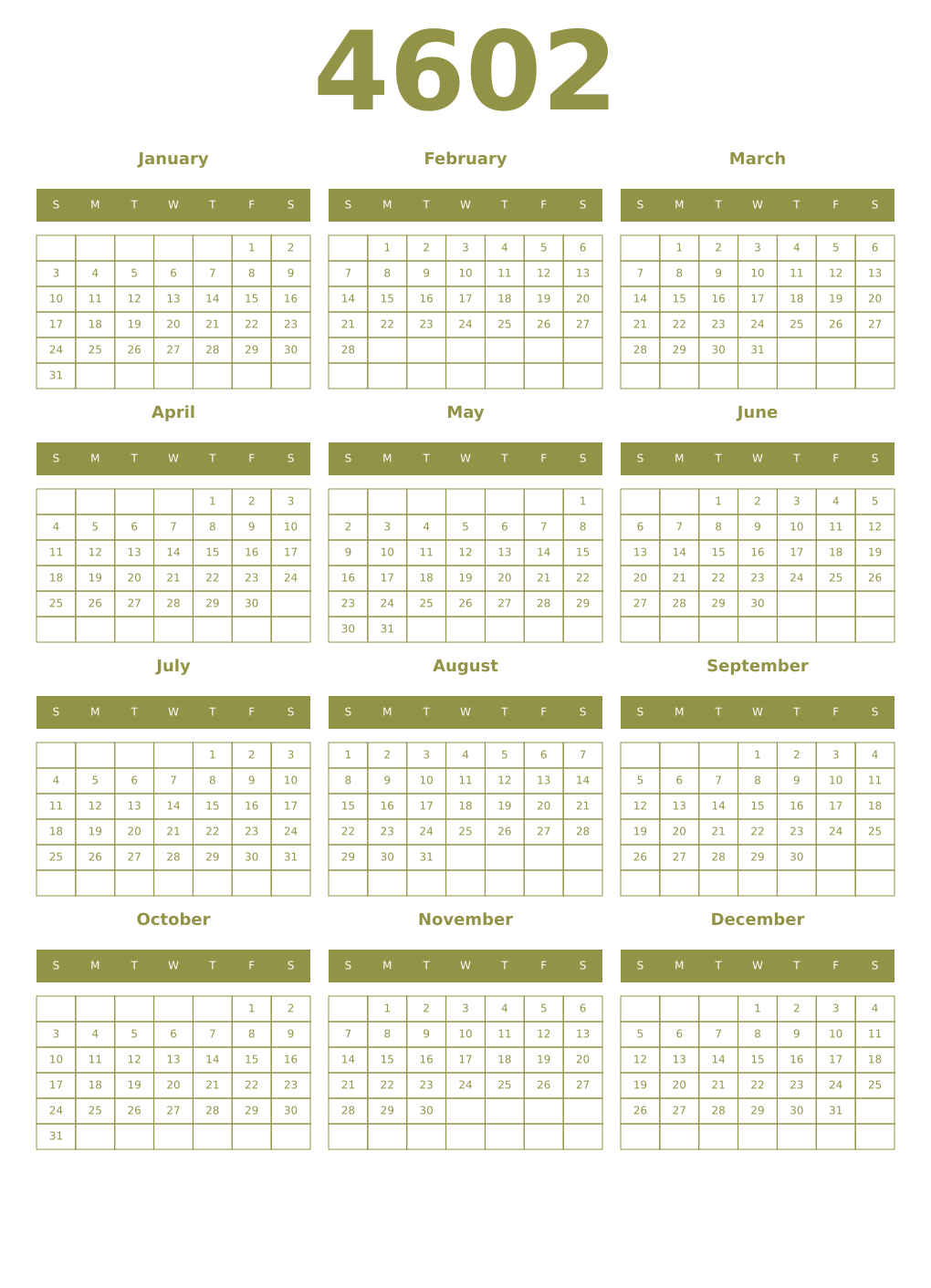 Printable 4602 Year Calendars eburnean