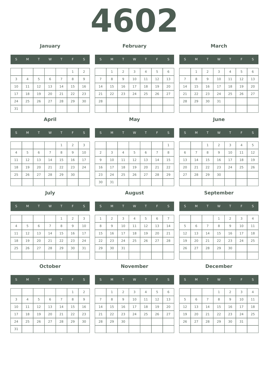 Printable 4602 Year Calendars feldgrau