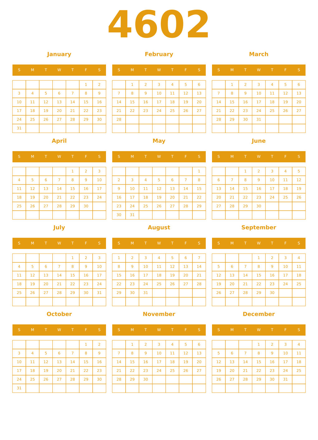 Printable 4602 Year Calendars gamboge