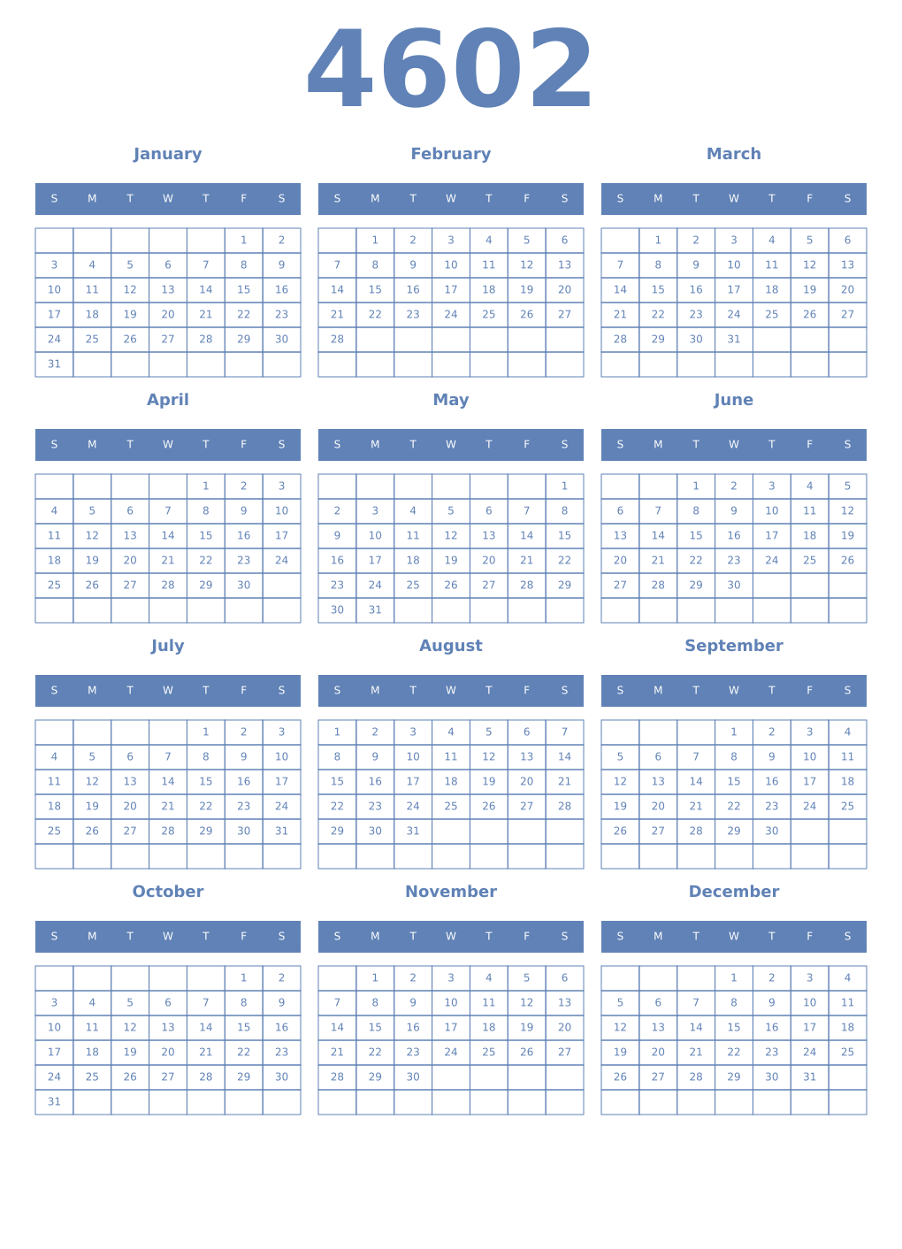 Printable 4602 Year Calendars glaucous