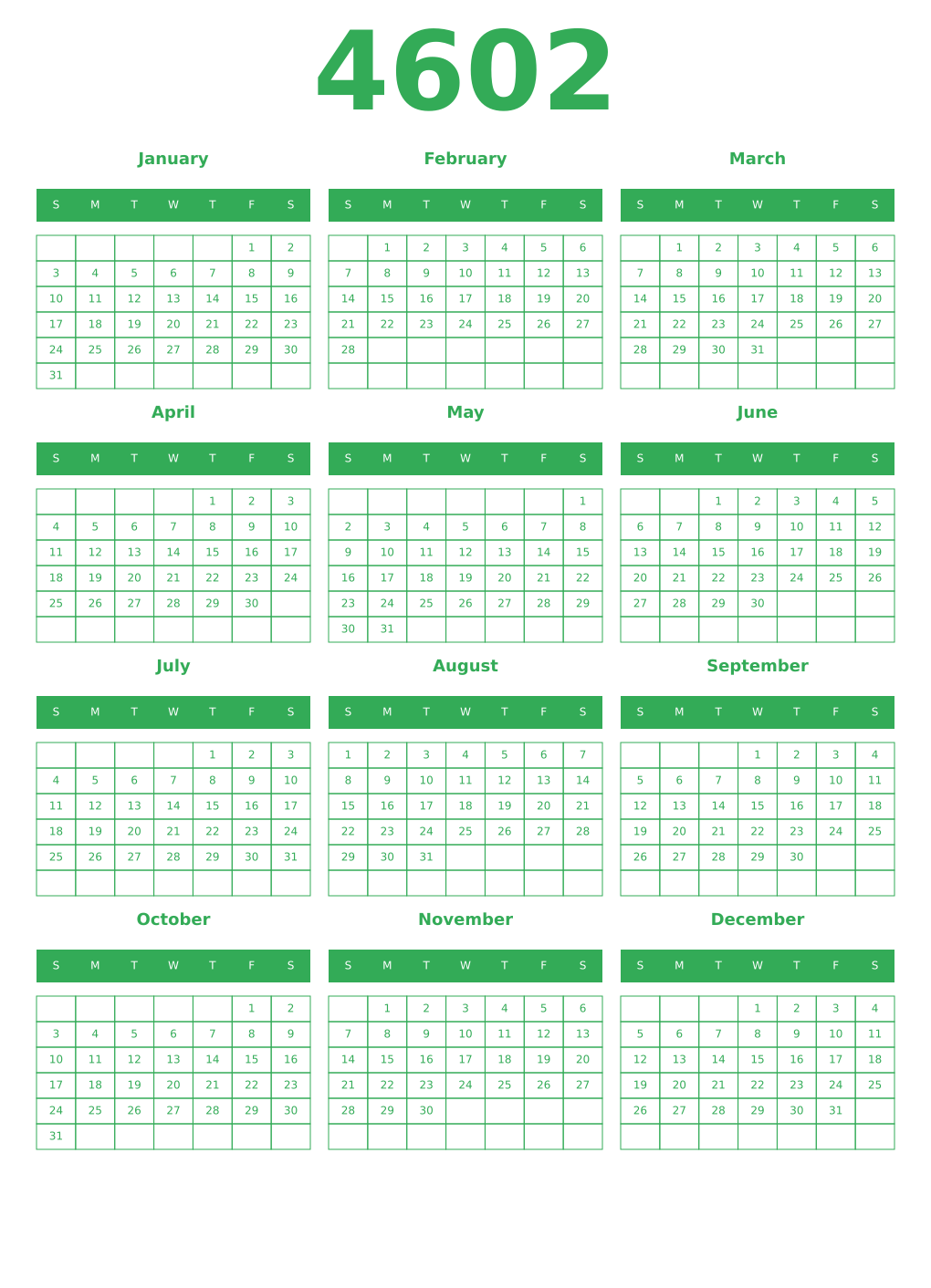 Printable 4602 Year Calendars green