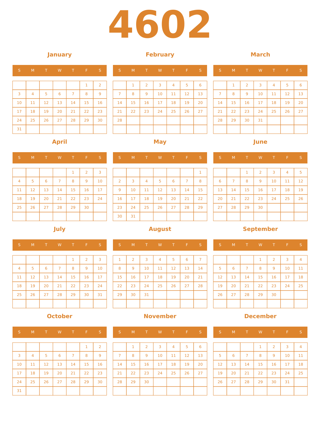 Printable 4602 Year Calendars orange