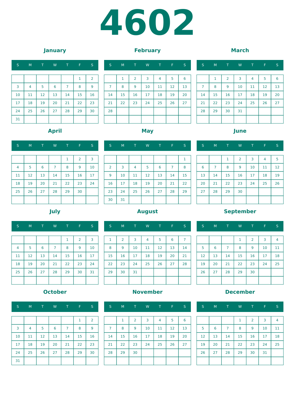 Printable 4602 Year Calendars pastel