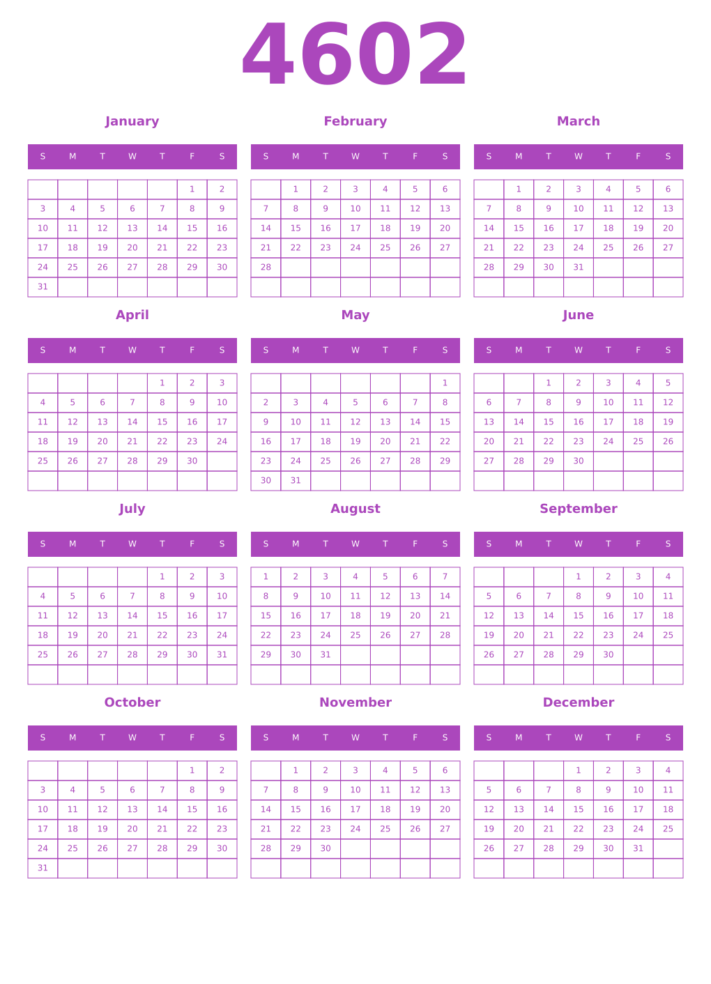 Printable 4602 Year Calendars purple