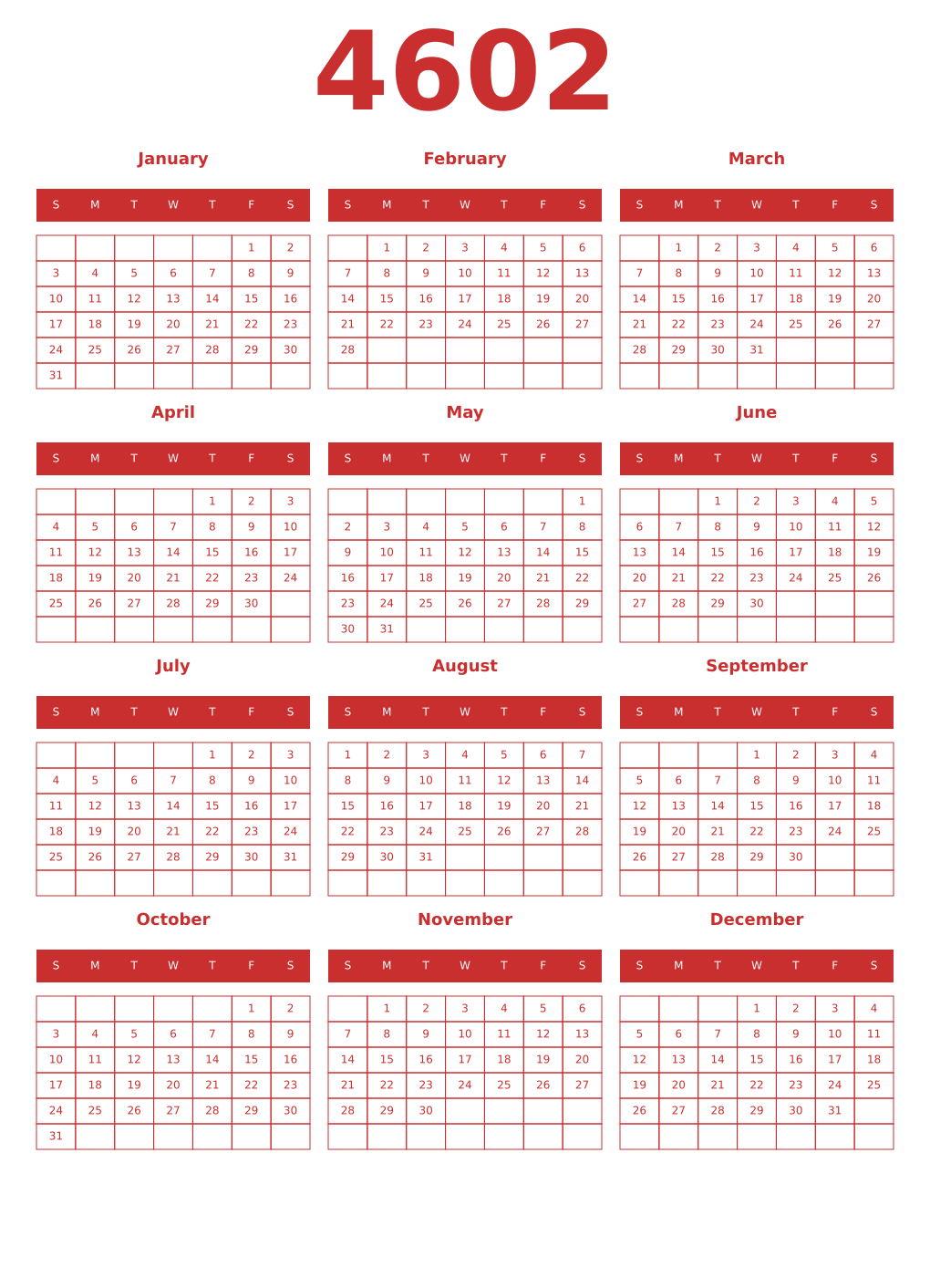 Printable 4602 Year Calendars red