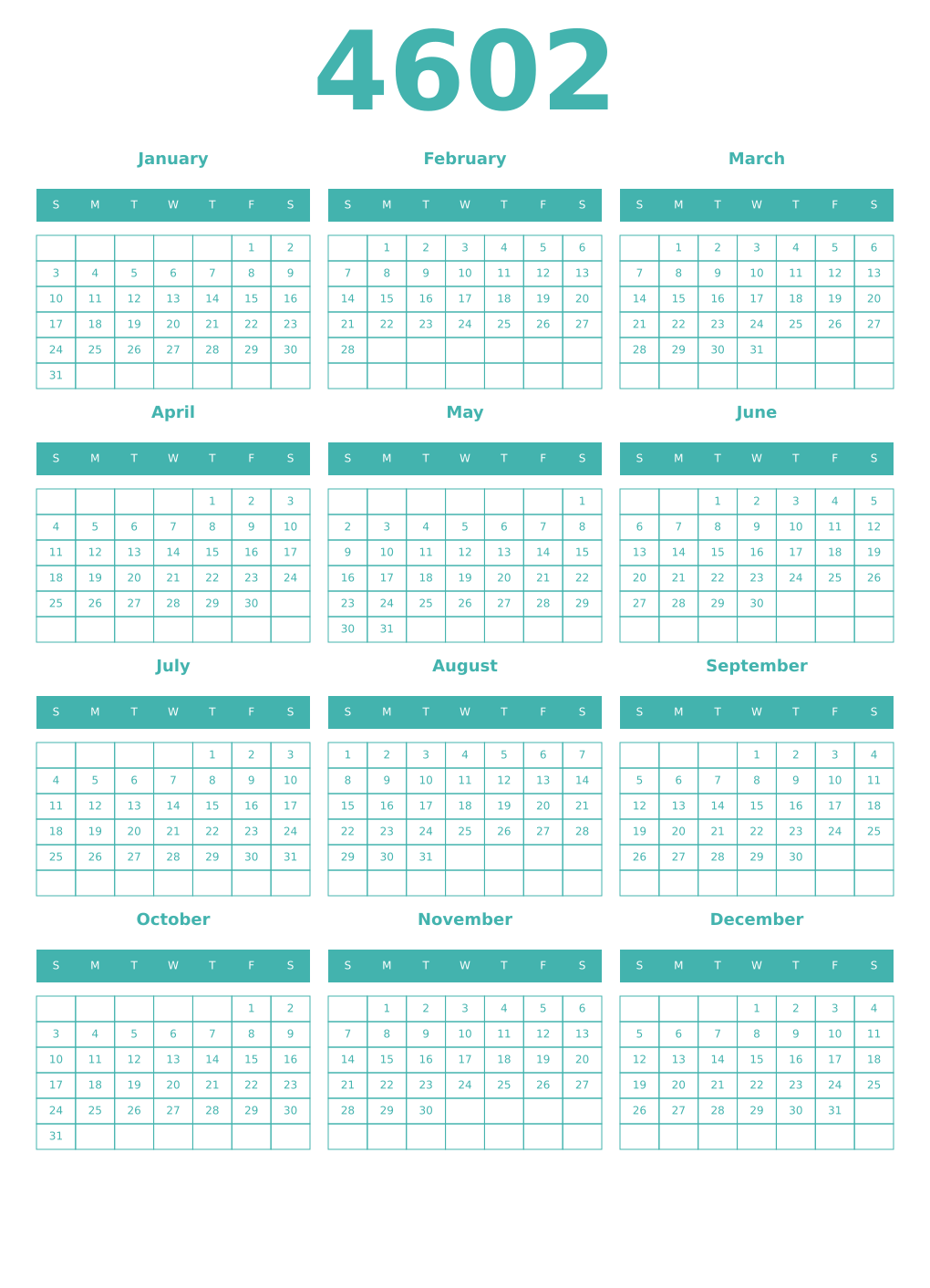 Printable 4602 Year Calendars verdigris