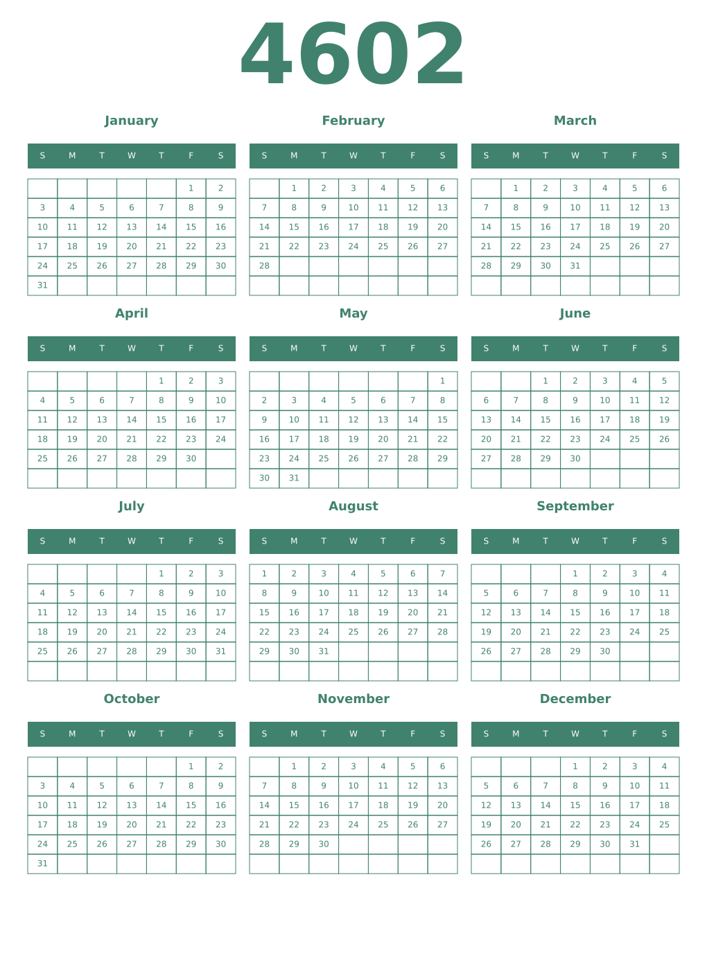 Printable 4602 Year Calendars viridian
