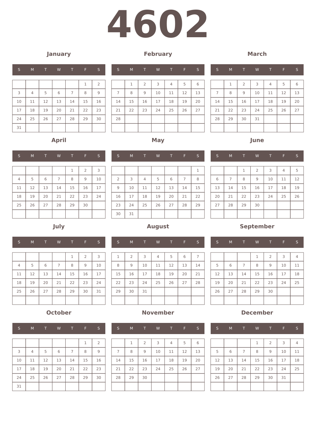 Printable 4602 Year Calendars wenge