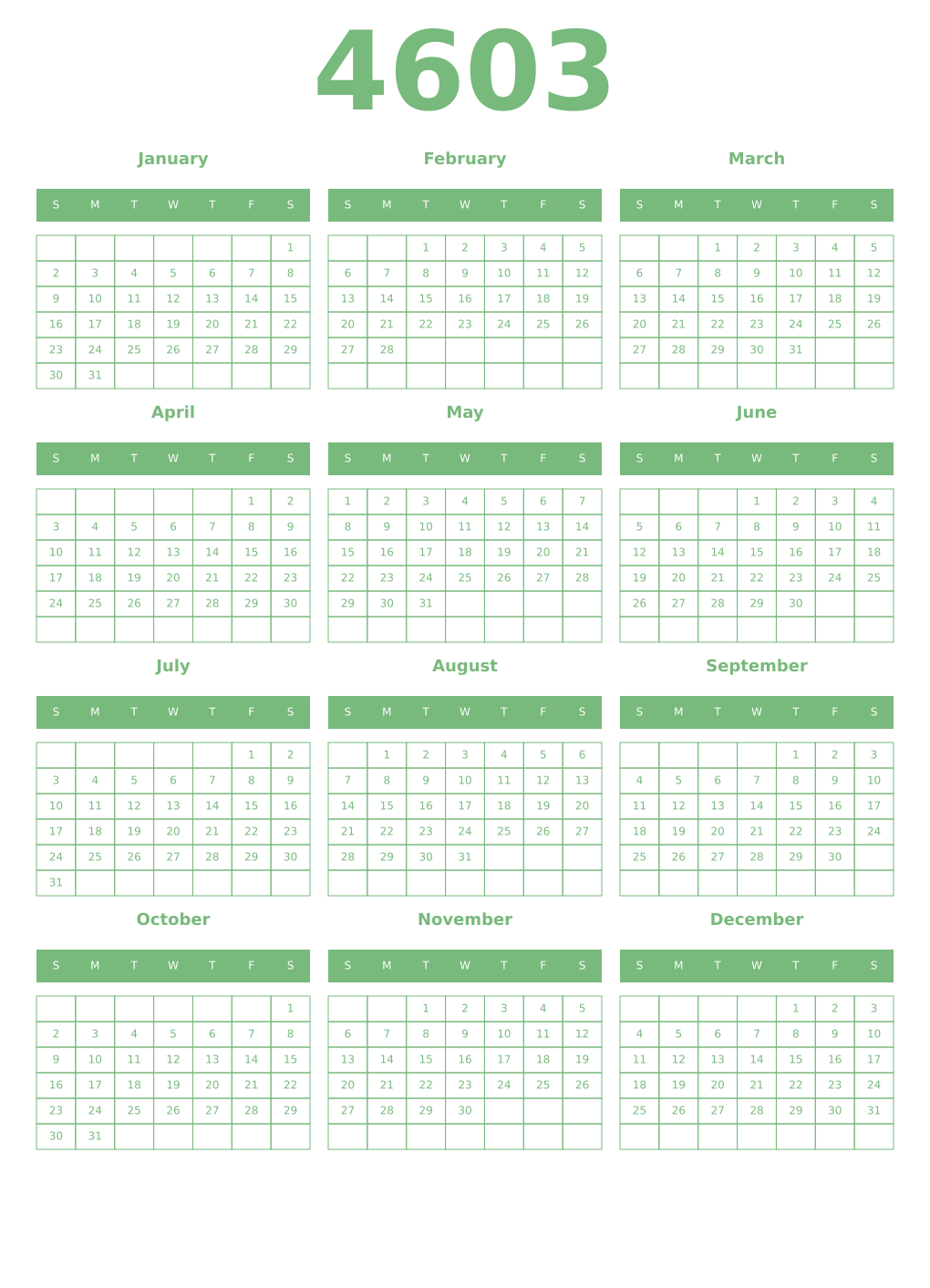 Printable 4603 Year Calendars celadon