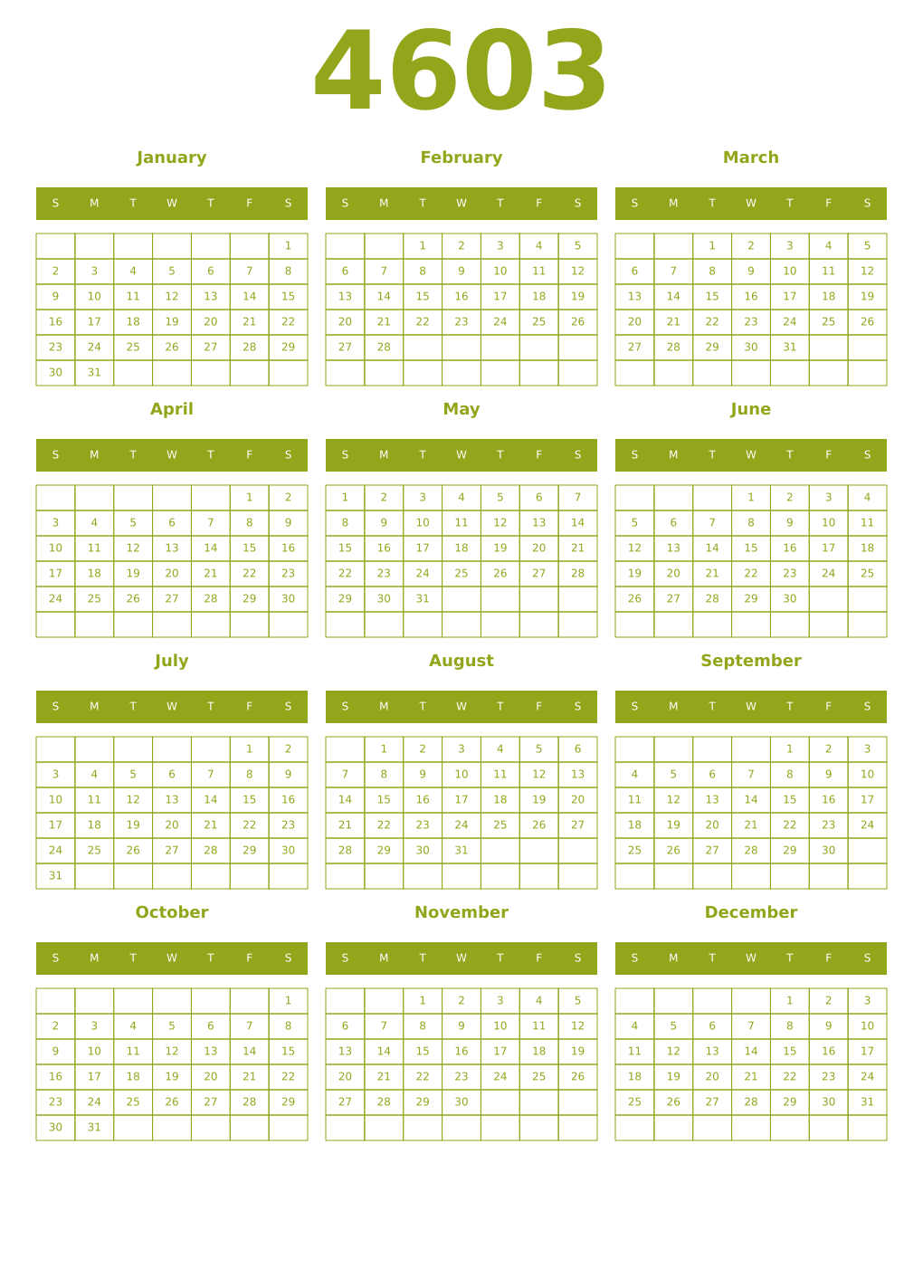 Printable 4603 Year Calendars chartreuse
