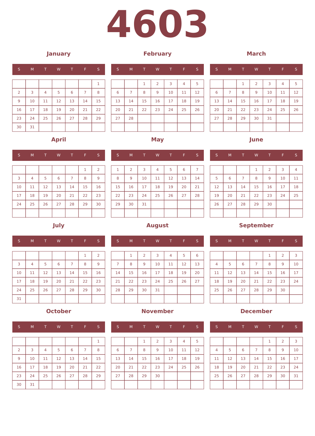 Printable 4603 Year Calendars cordovan