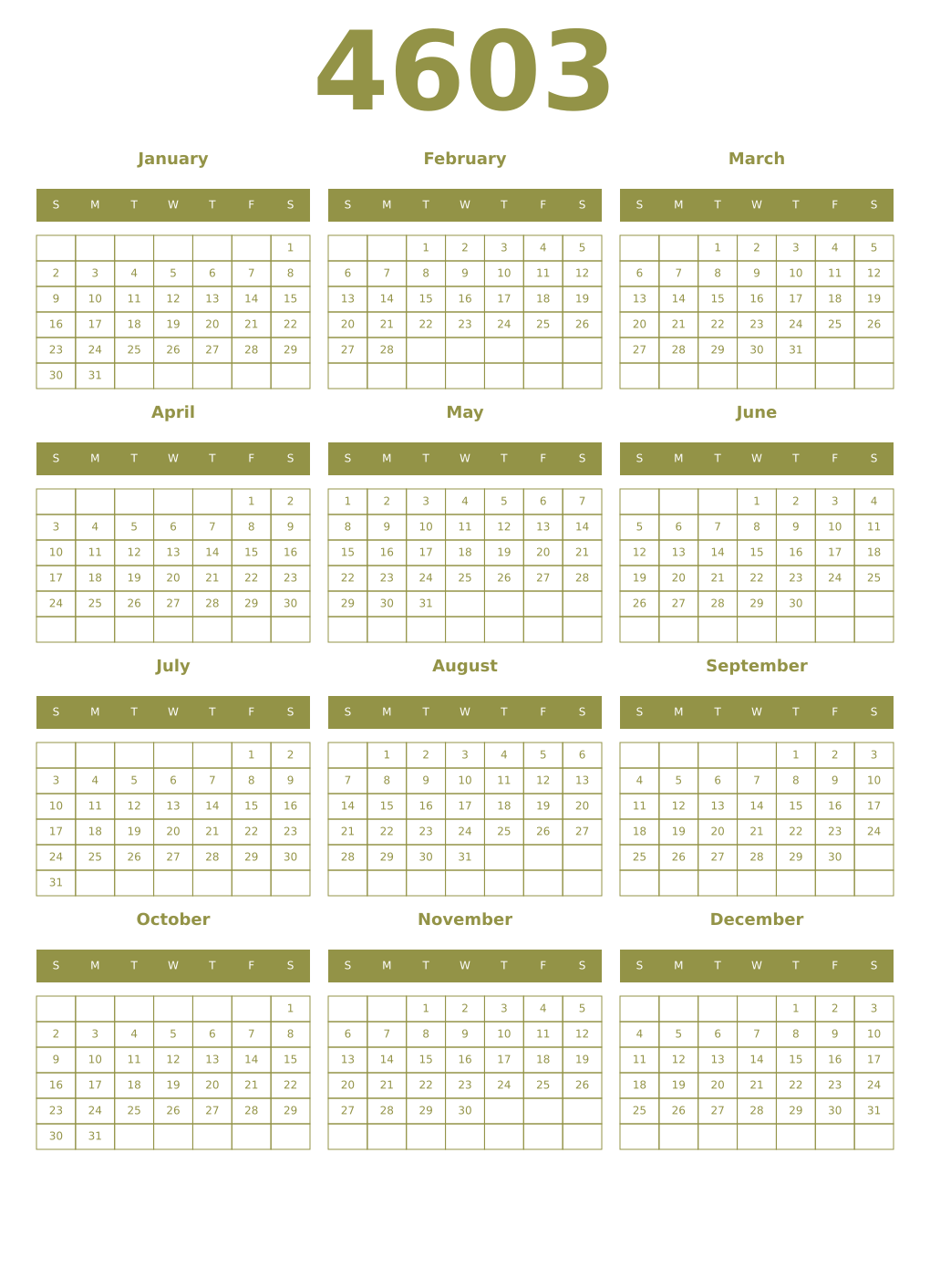 Printable 4603 Year Calendars eburnean