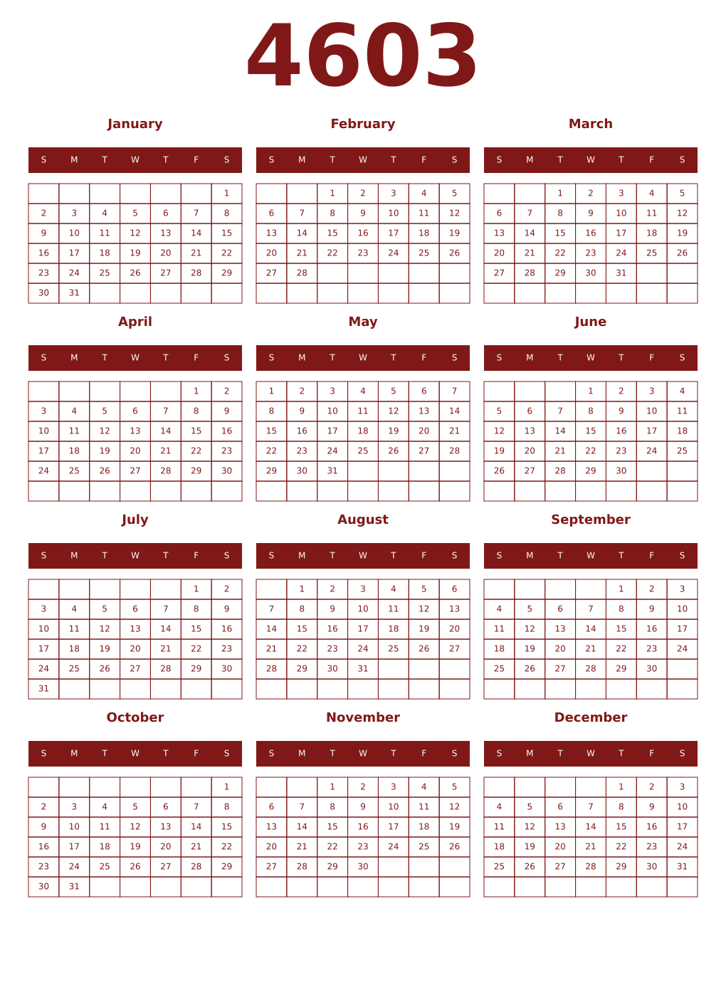 Printable 4603 Year Calendars falu