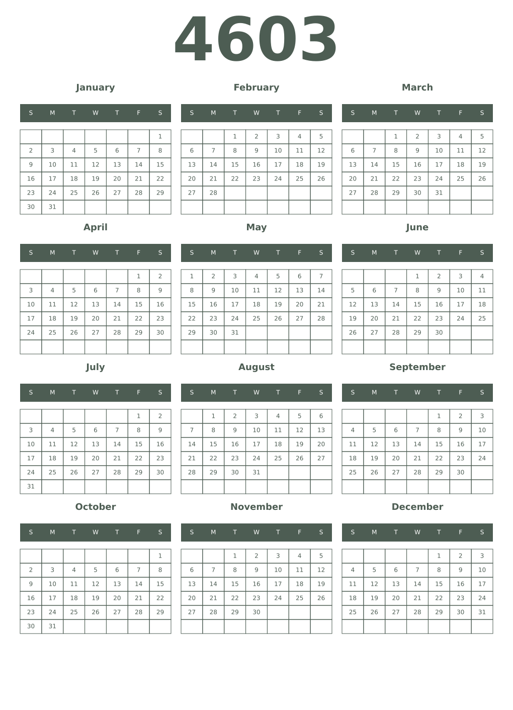 Printable 4603 Year Calendars feldgrau