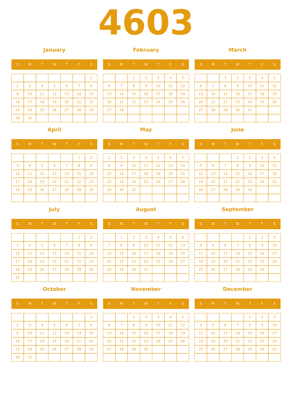 Printable 4603 Year Calendars gamboge