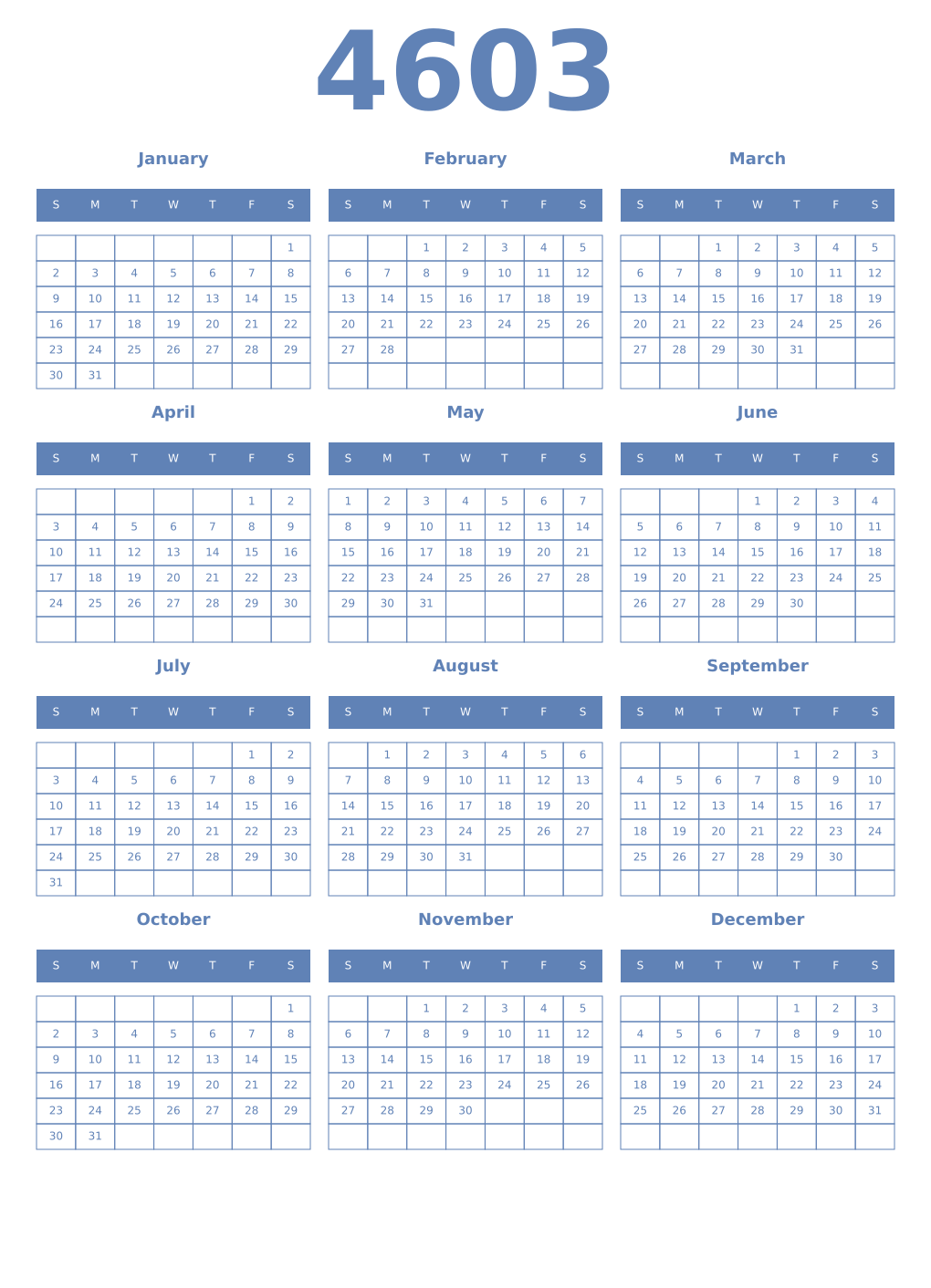 Printable 4603 Year Calendars glaucous