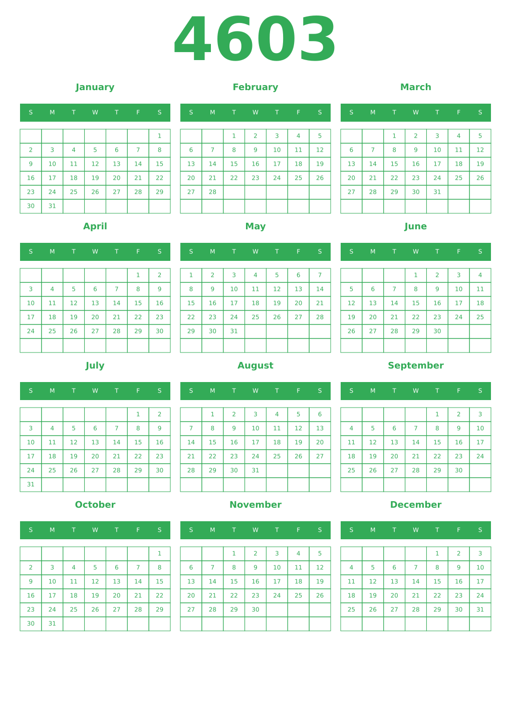 Printable 4603 Year Calendars green