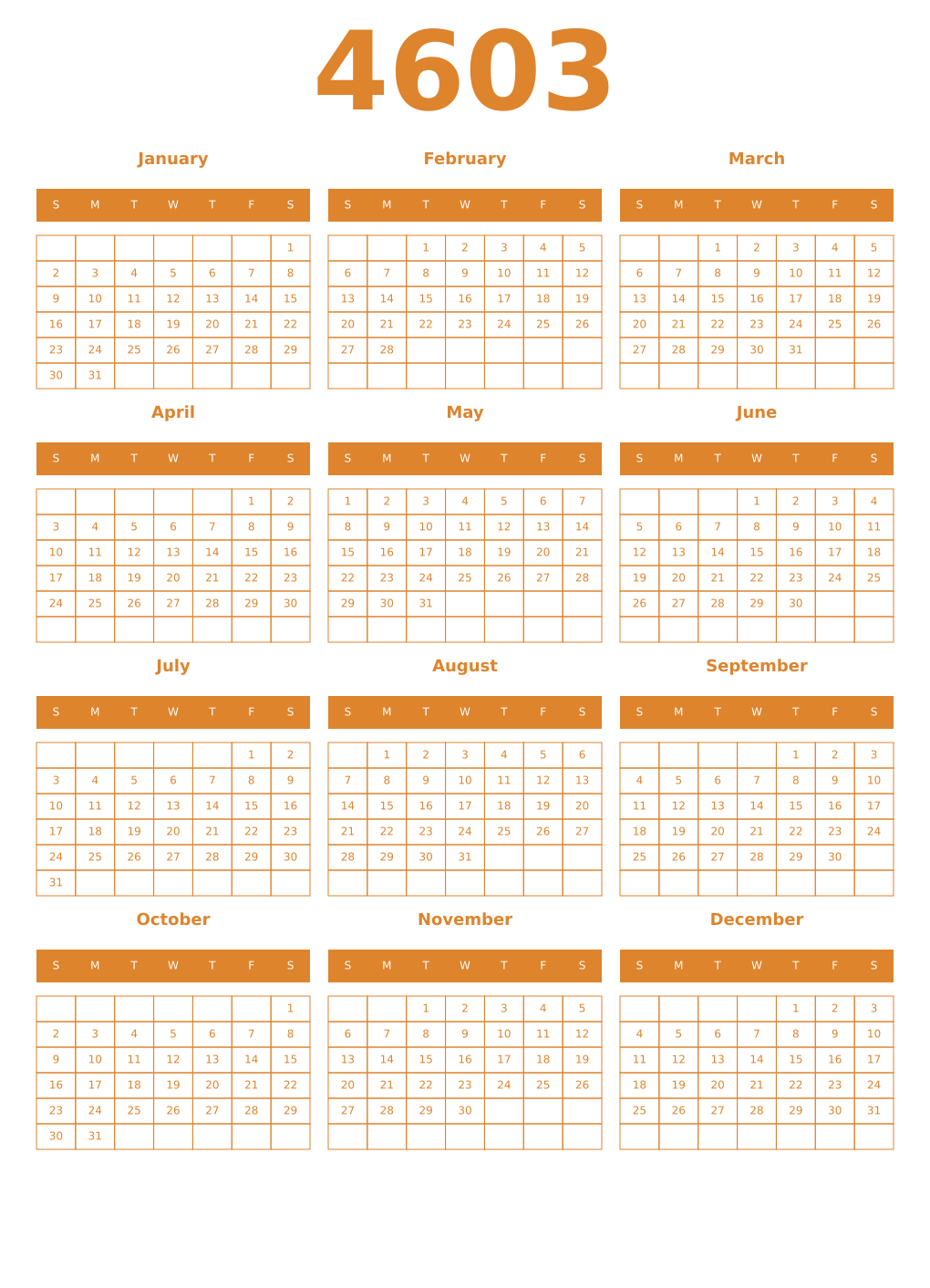 Printable 4603 Year Calendars orange