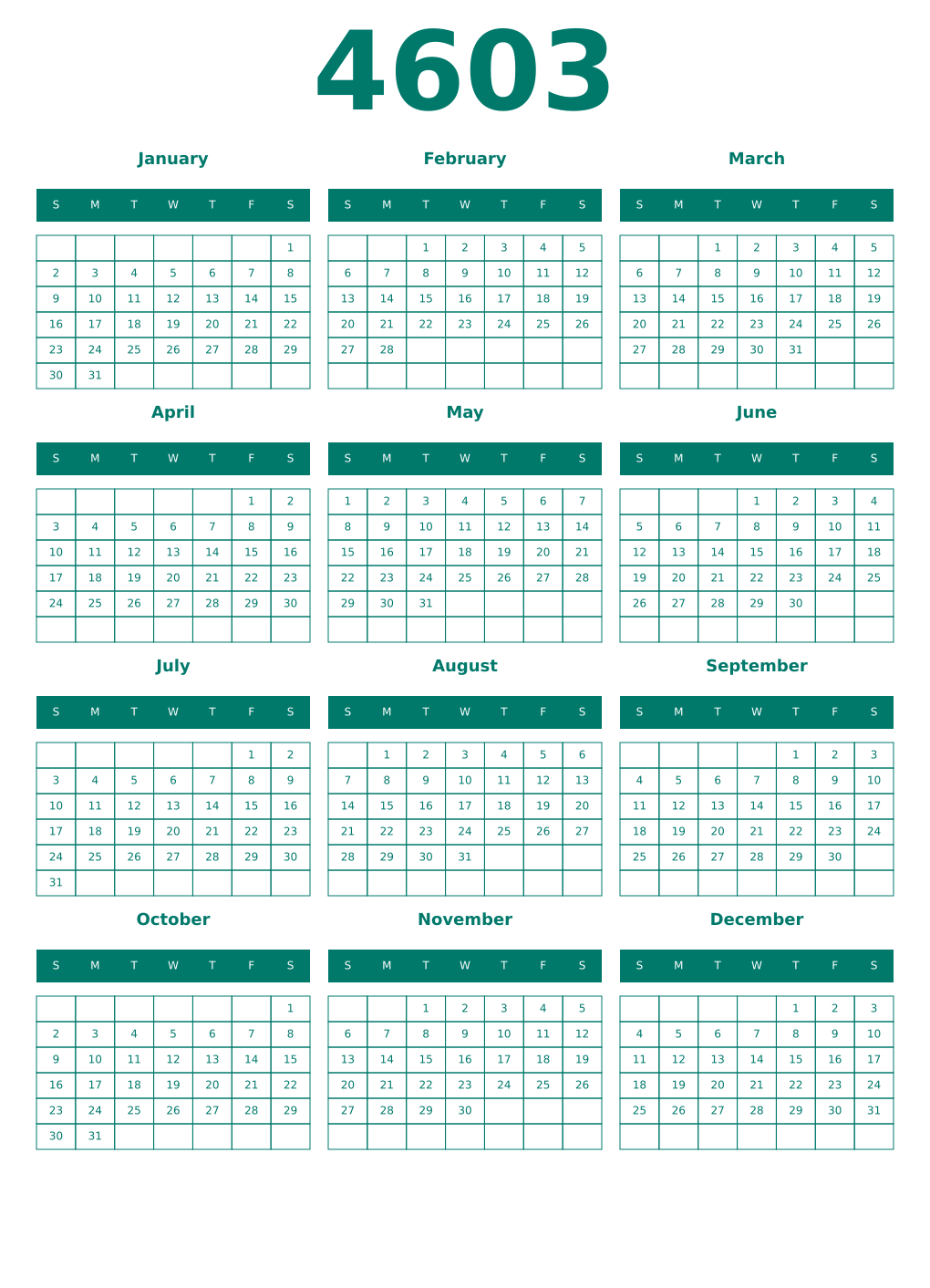 Printable 4603 Year Calendars pastel