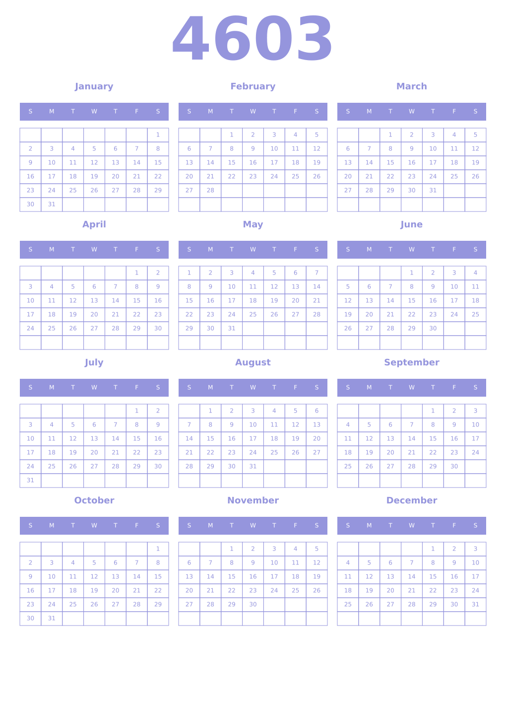 Printable 4603 Year Calendars periwinkle
