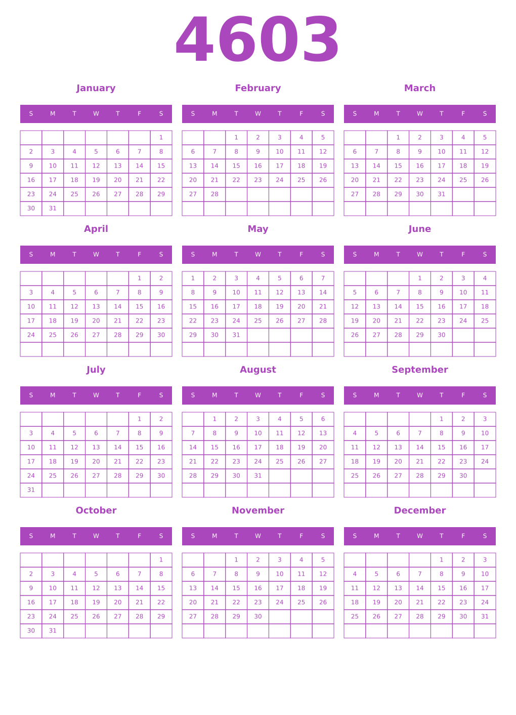 Printable 4603 Year Calendars purple