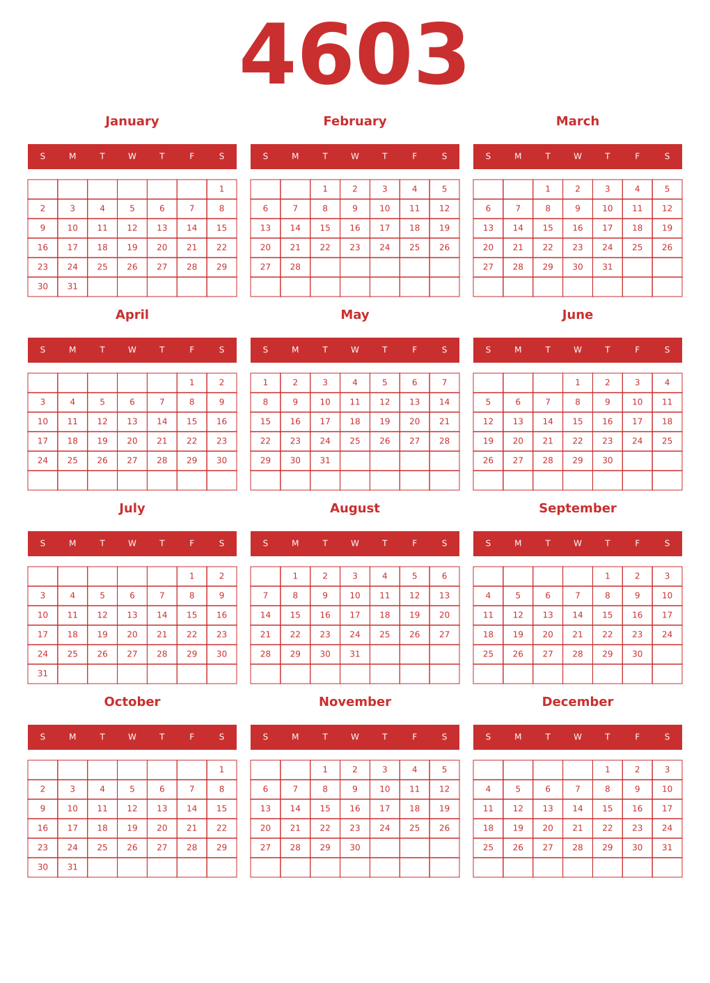 Printable 4603 Year Calendars red